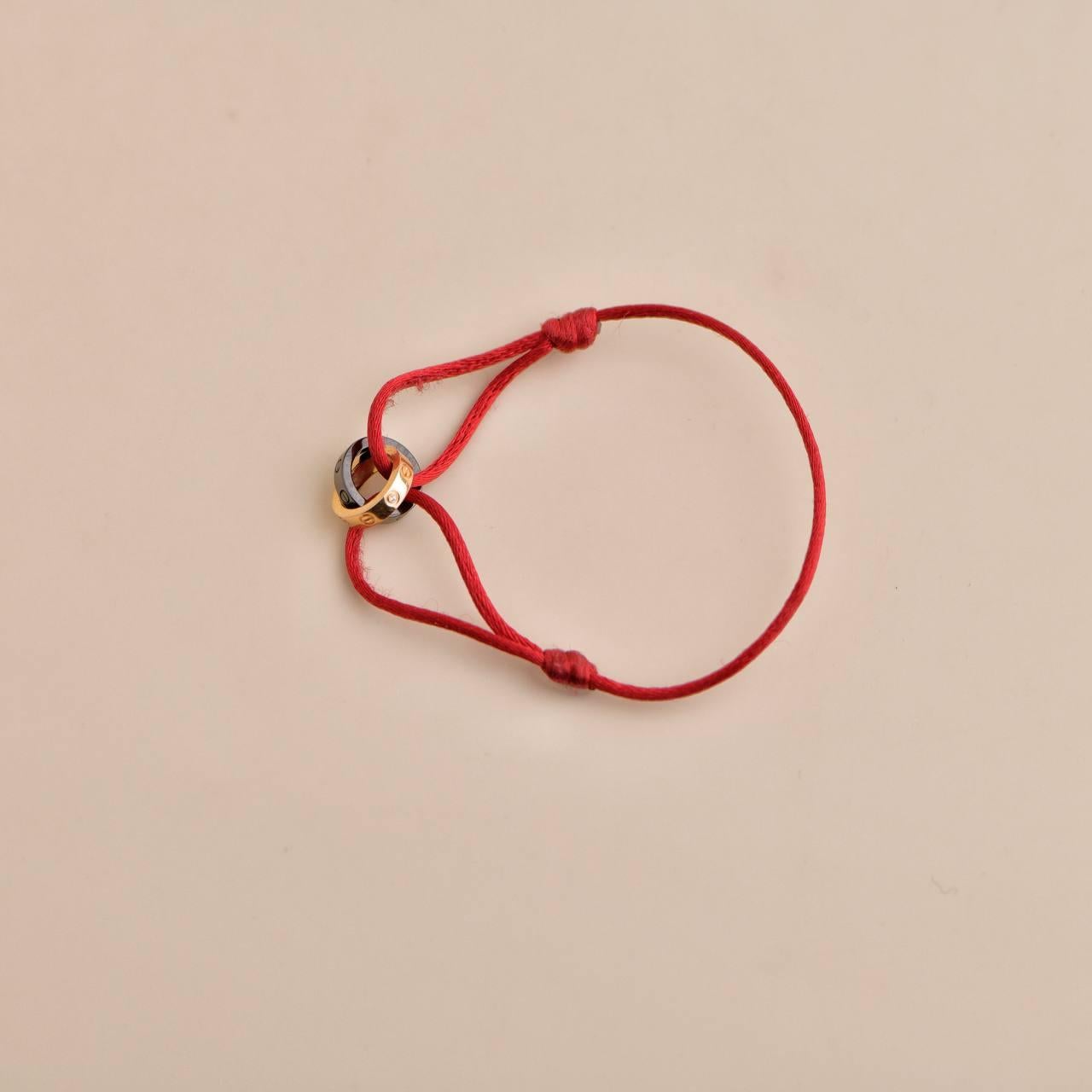 Brilliant Cut Cartier 18K Rose Gold Ceramic 4 Diamond LOVE Red Silk Cord Bracelet