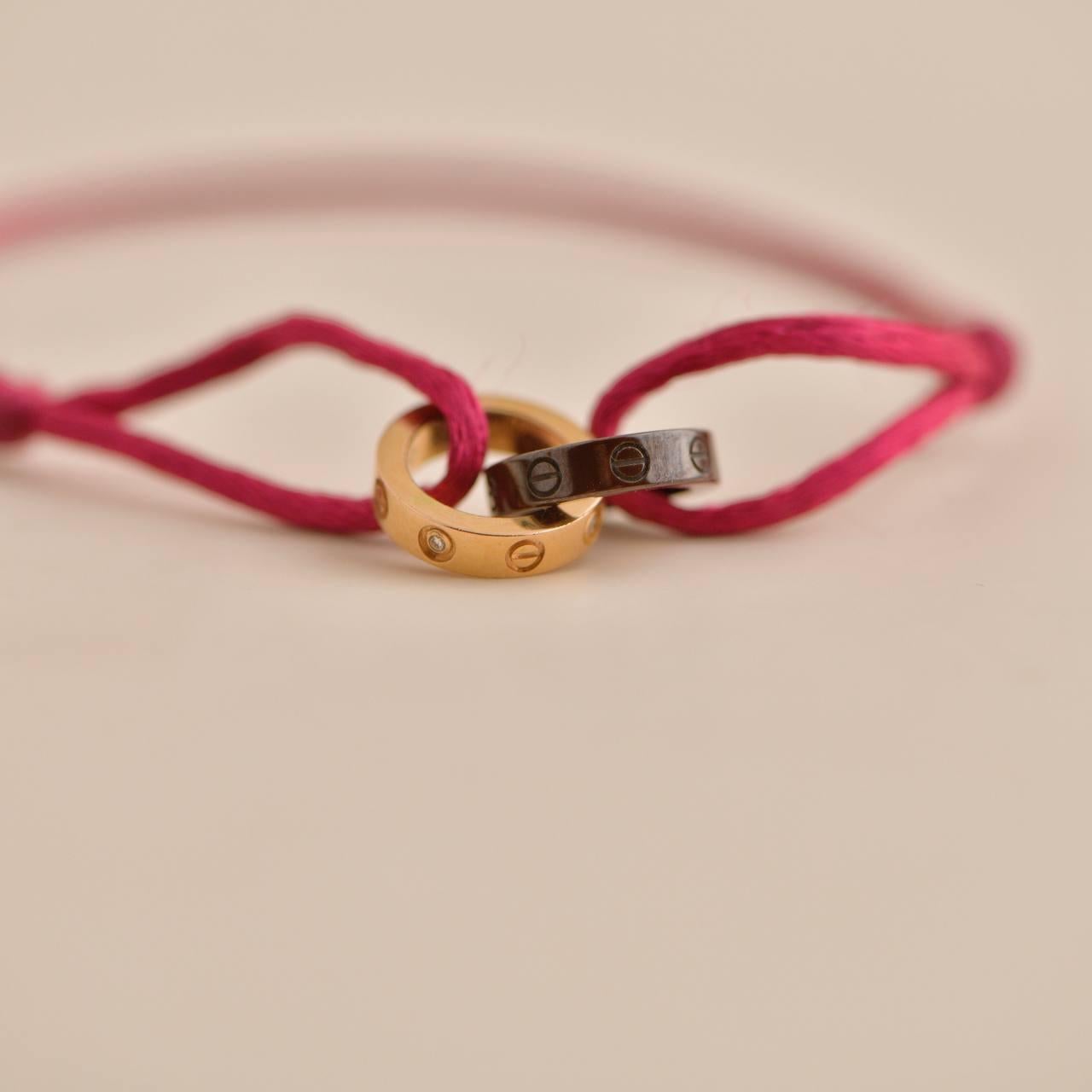 Brilliant Cut Cartier 18K Rose Gold Ceramic 4 Diamond LOVE Red Silk Cord Bracelet