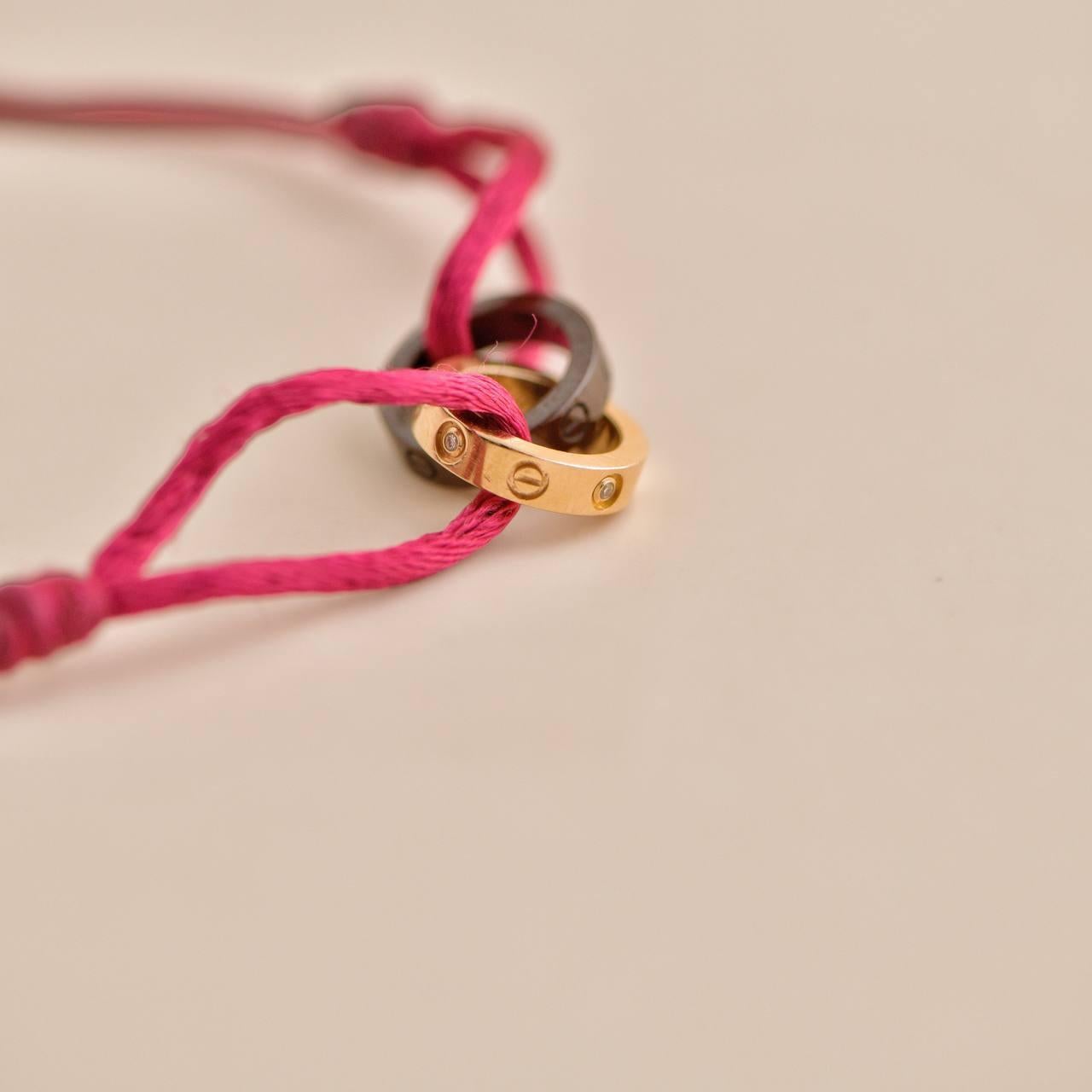 Cartier 18K Rose Gold Ceramic 4 Diamond LOVE Red Silk Cord Bracelet In Excellent Condition In Banbury, GB