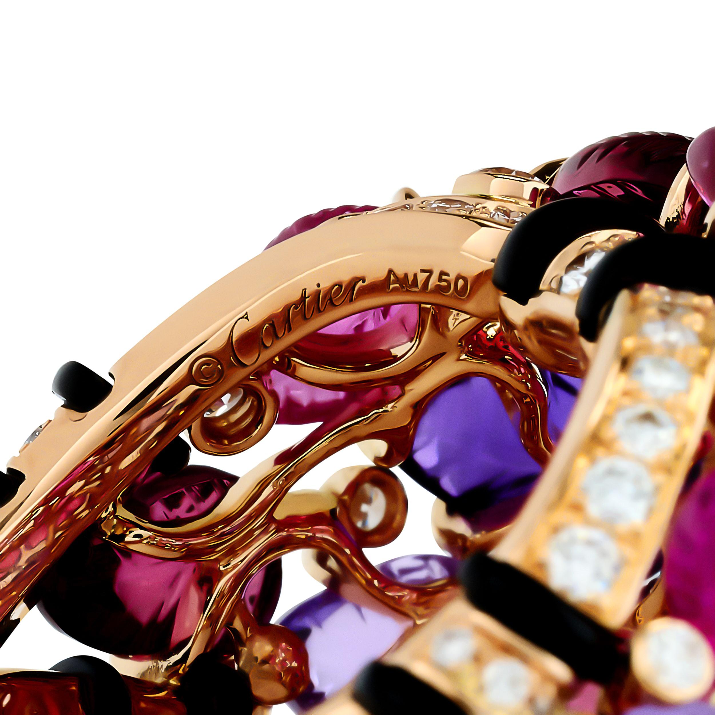 Round Cut Cartier 18K Rose Gold Diamond, Carved Rubellite, Amethyst and Onyx Floral Ring