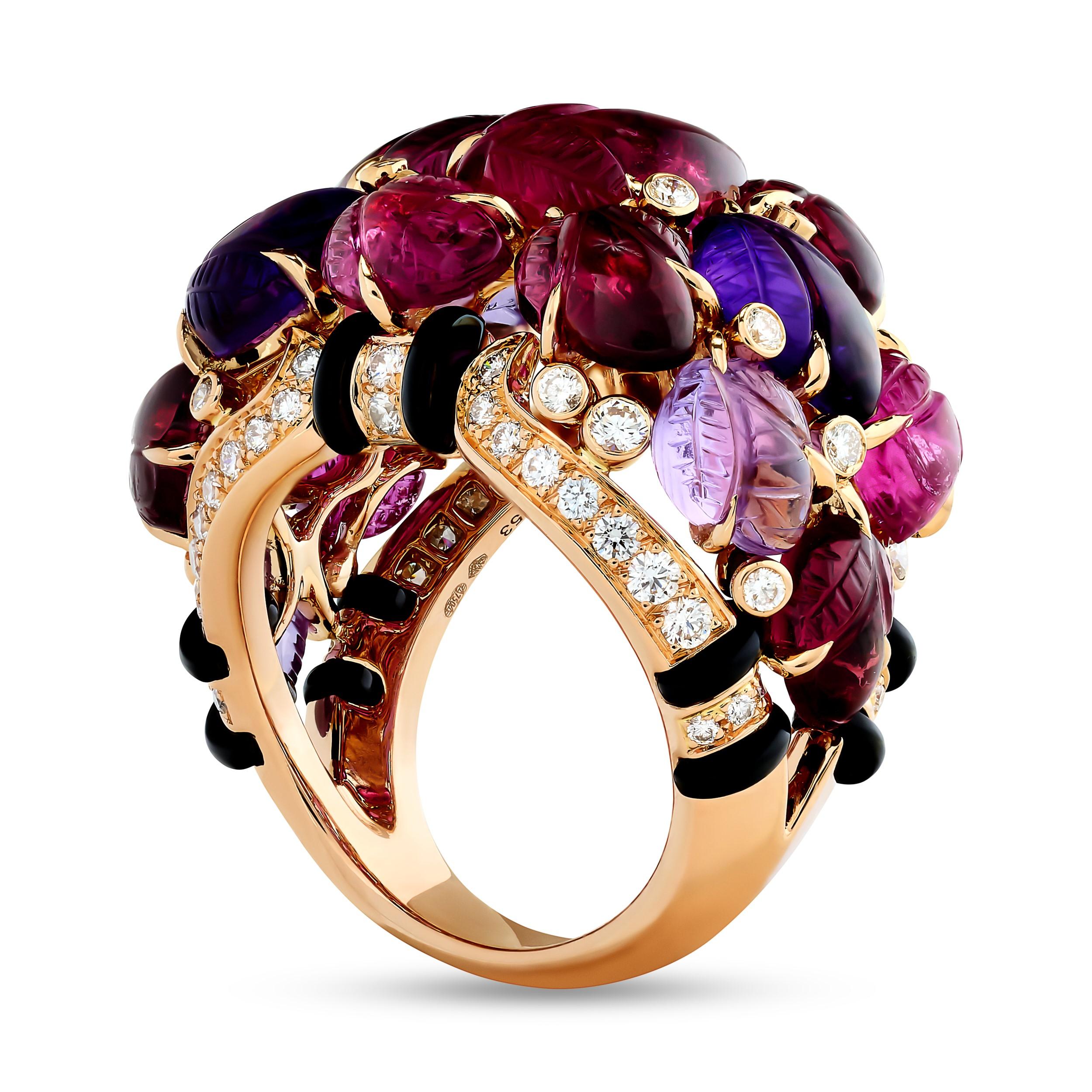 Cartier 18K Rose Gold Diamond, Carved Rubellite, Amethyst and Onyx Floral Ring In Excellent Condition In Philadelphia, PA