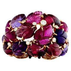 Cartier 18K Rose Gold Diamond, Carved Rubellite, Amethyst and Onyx Floral Ring