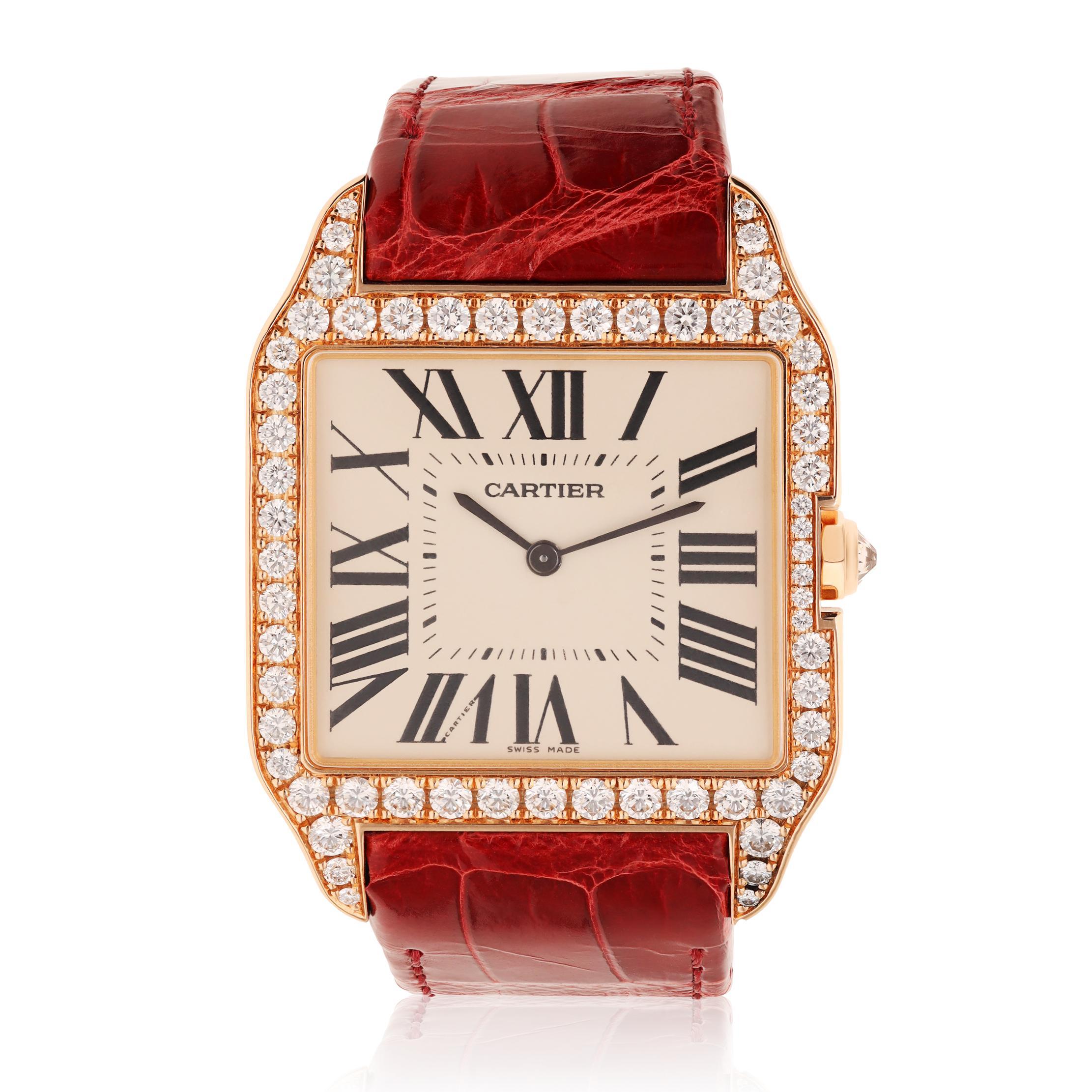 CARTIER 18K Rose Gold Diamond Santos-Dumont LM Mechanical Wristwatch For Sale
