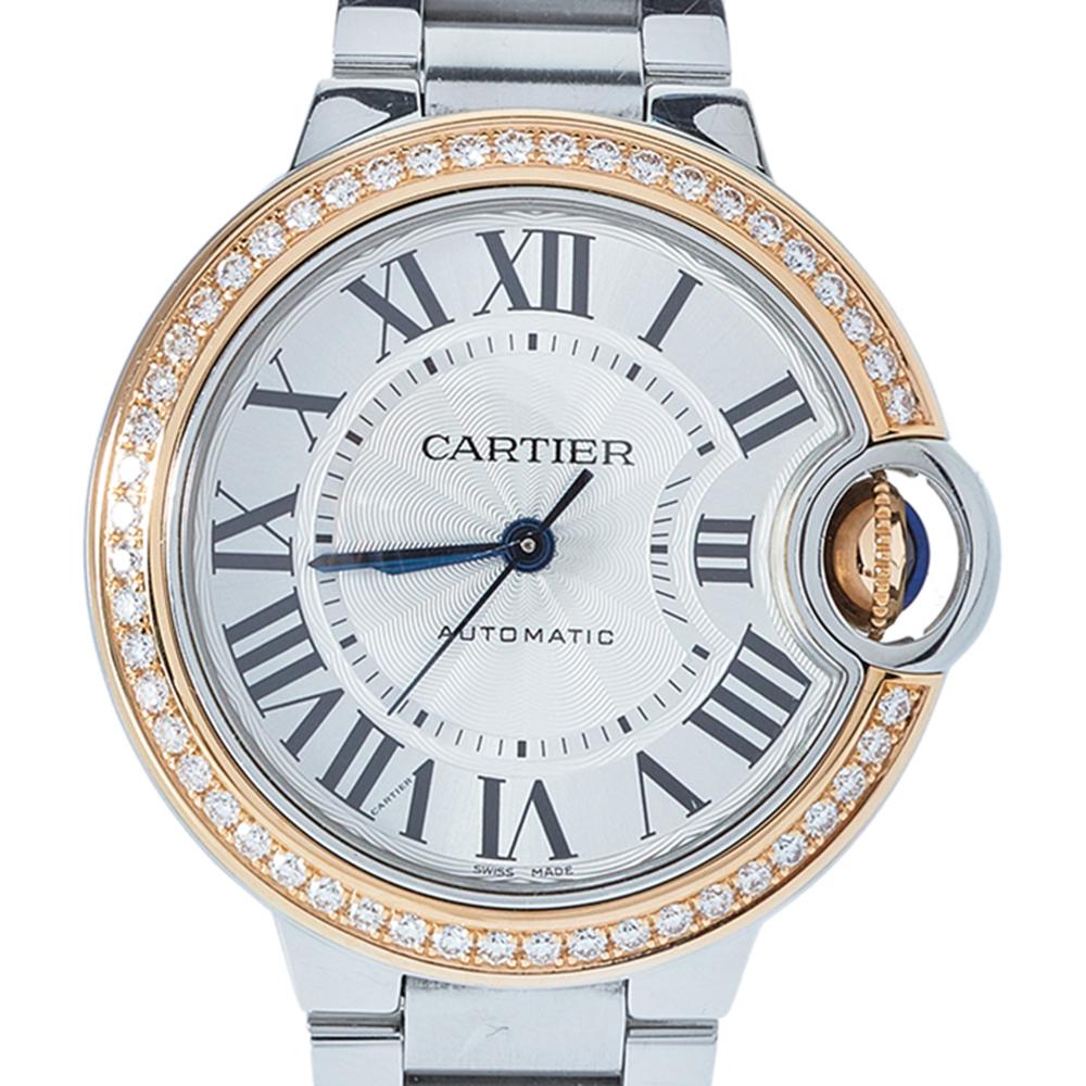Contemporary Cartier 18K Rose Gold Diamonds Ballon Bleu Automatic Women's Wristwatch 33 mm