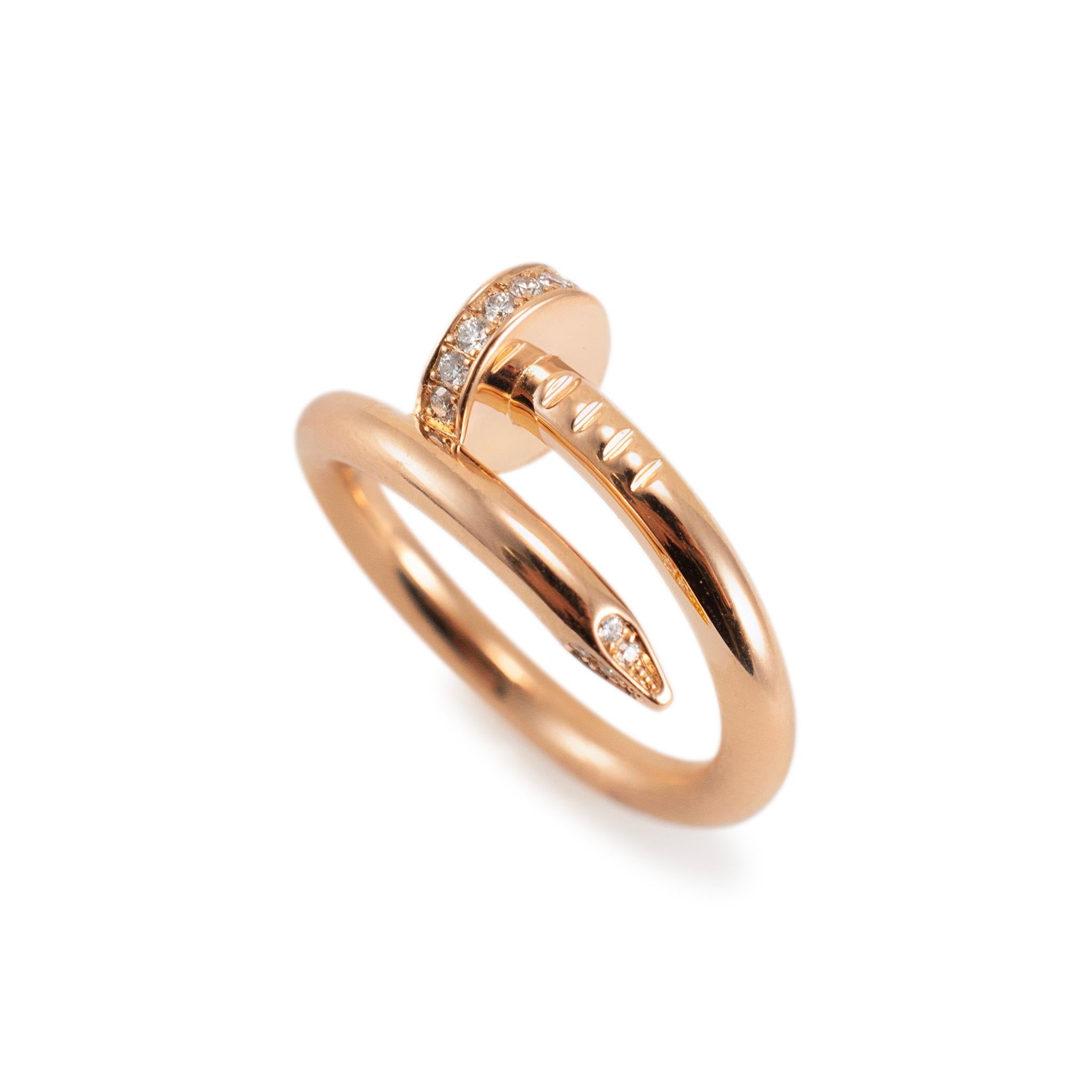 Brand: Cartier

Gender: Ladies 

Metal Type: 18K Rose Gold

Ring Size: 6.5

Width: 2.65 mm

Weight: 7.20 grams

Ladies CARTIER 18K rose gold diamond cocktail ring with a slightly rounded shank. Engraved with 