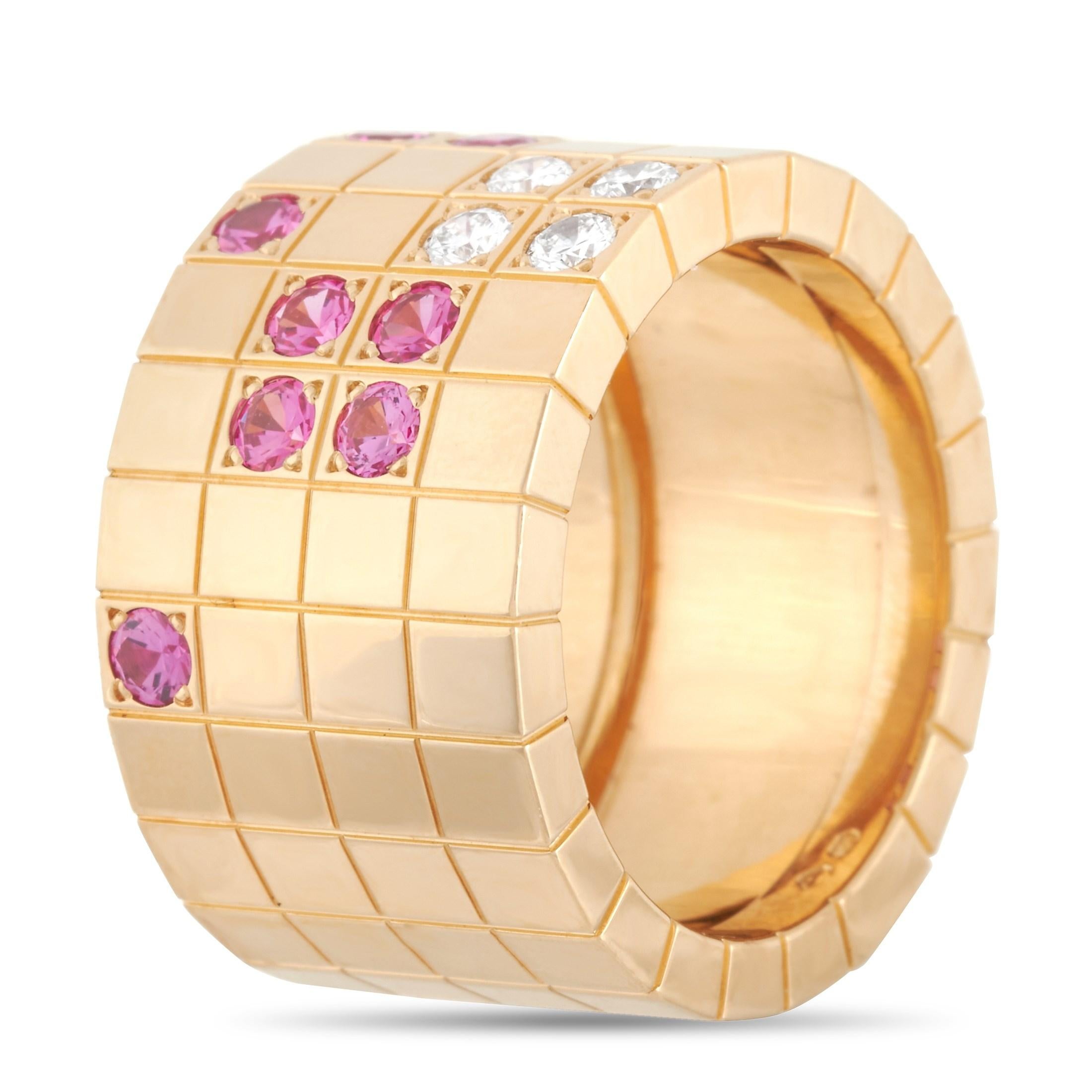 The Cartier 18K Rose Gold Lanieres Diamond and Pink Sapphire Wide Band Ring will grab some attention. Who wouldn't notice that puzzle-like assembly of diamonds and pink sapphires on a continuous sequence of square motifs? This fabulous ring with