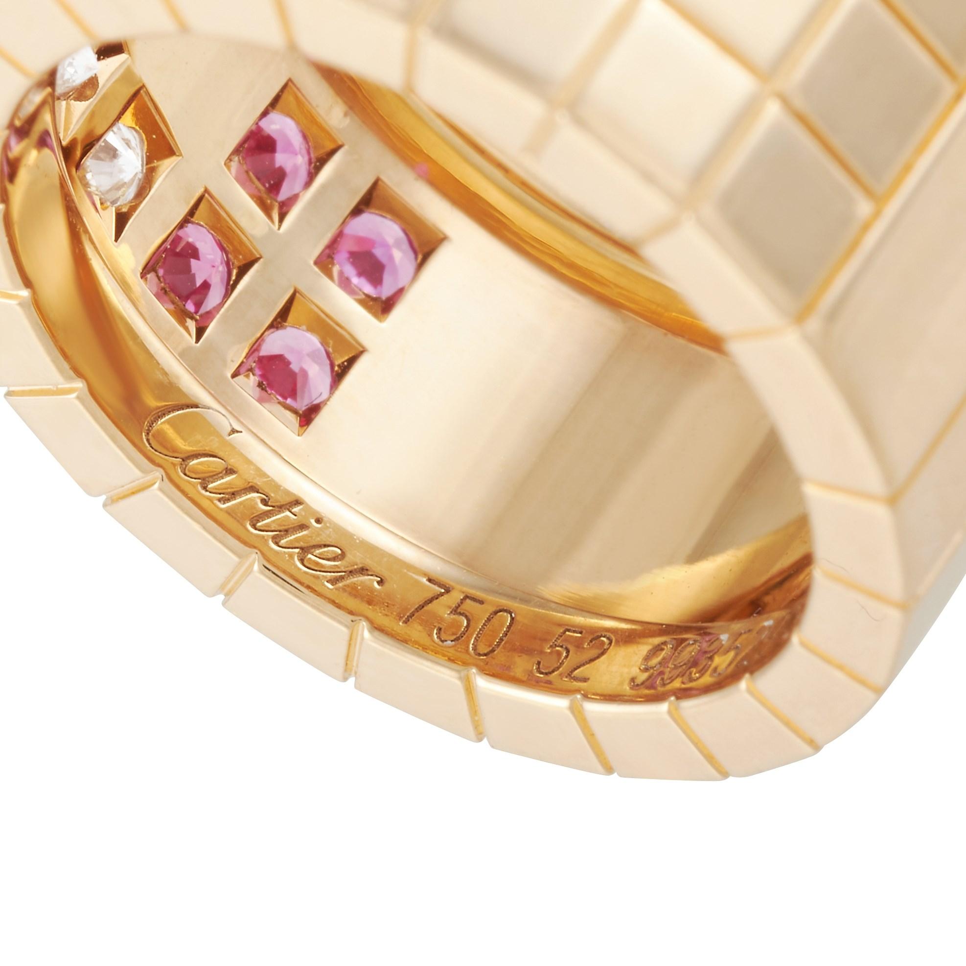Women's Cartier 18 Karat Rose Gold Lanieres Diamond and Pink Sapphire Wide Band Ring