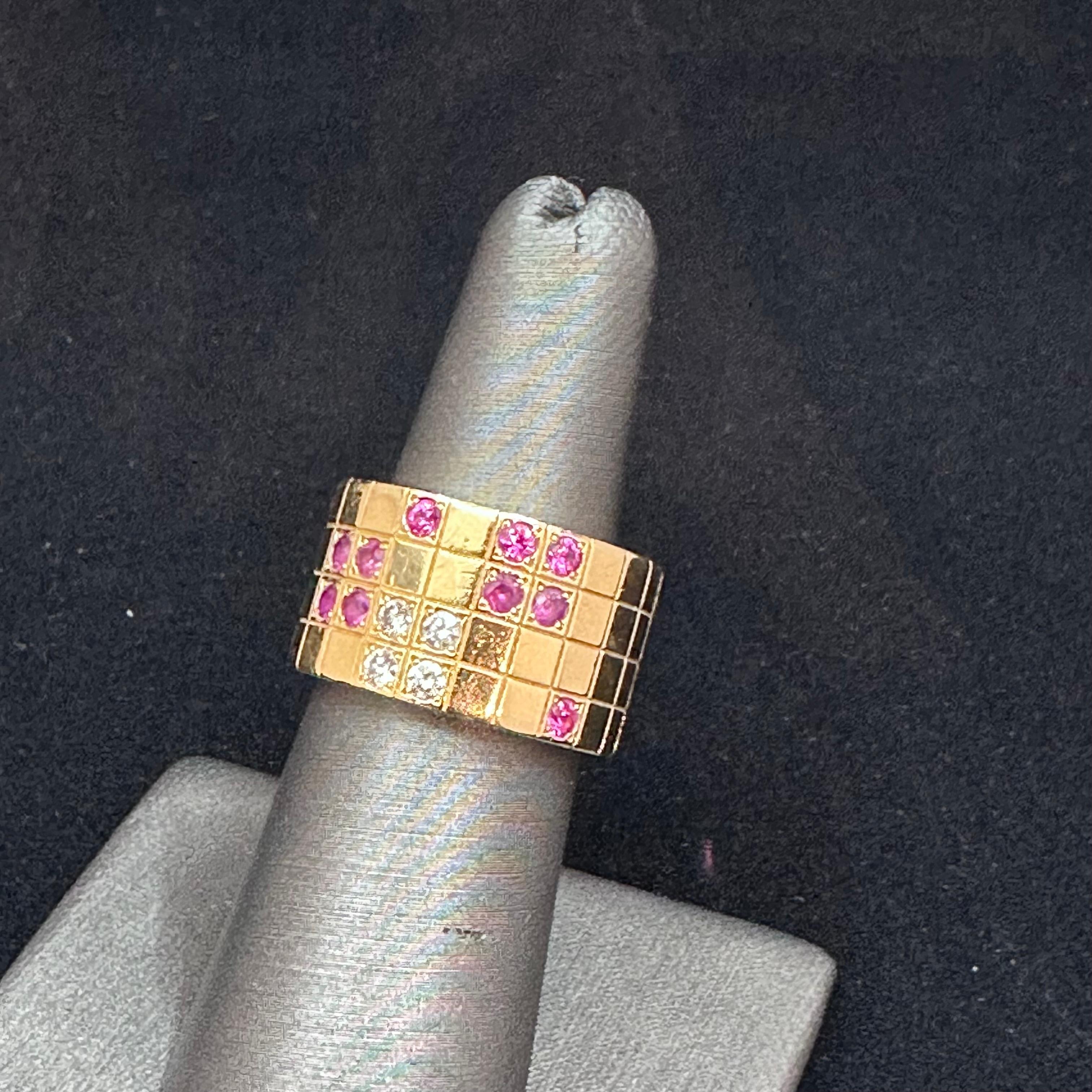 Cartier Lanieres Sapphire Diamond Rose Gold Ring. A remarkable piece showcases Cartier's remarkable craftsmanship from the Lanieres collection in Pink Sapphire and Diamond. 
Expertly crafted from 18k rose gold, it features a wide band
14 mm width