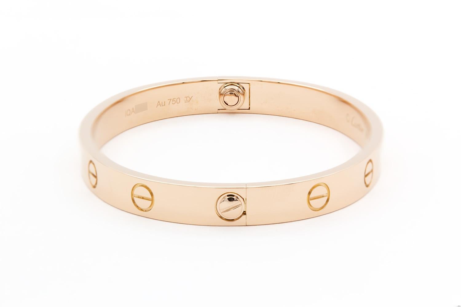 Cartier 18K Rose Gold Love Bangle Bracelet Size 16 Box & Papers New Screw System In Excellent Condition In Tustin, CA