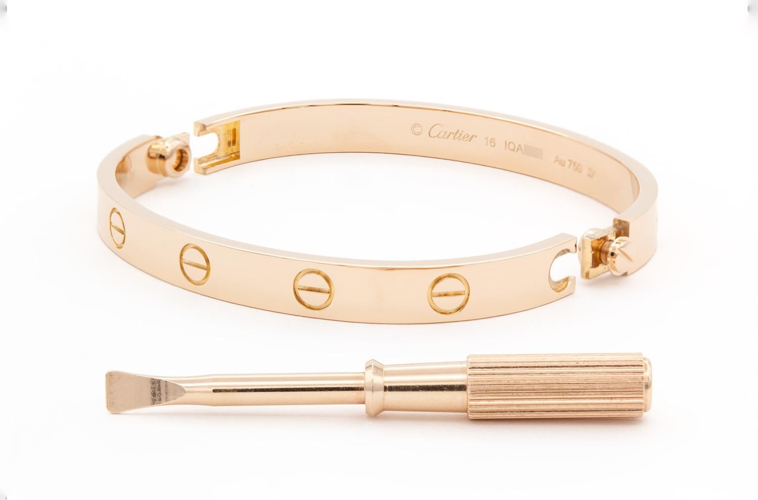 Women's Cartier 18K Rose Gold Love Bangle Bracelet Size 16 Box & Papers New Screw System