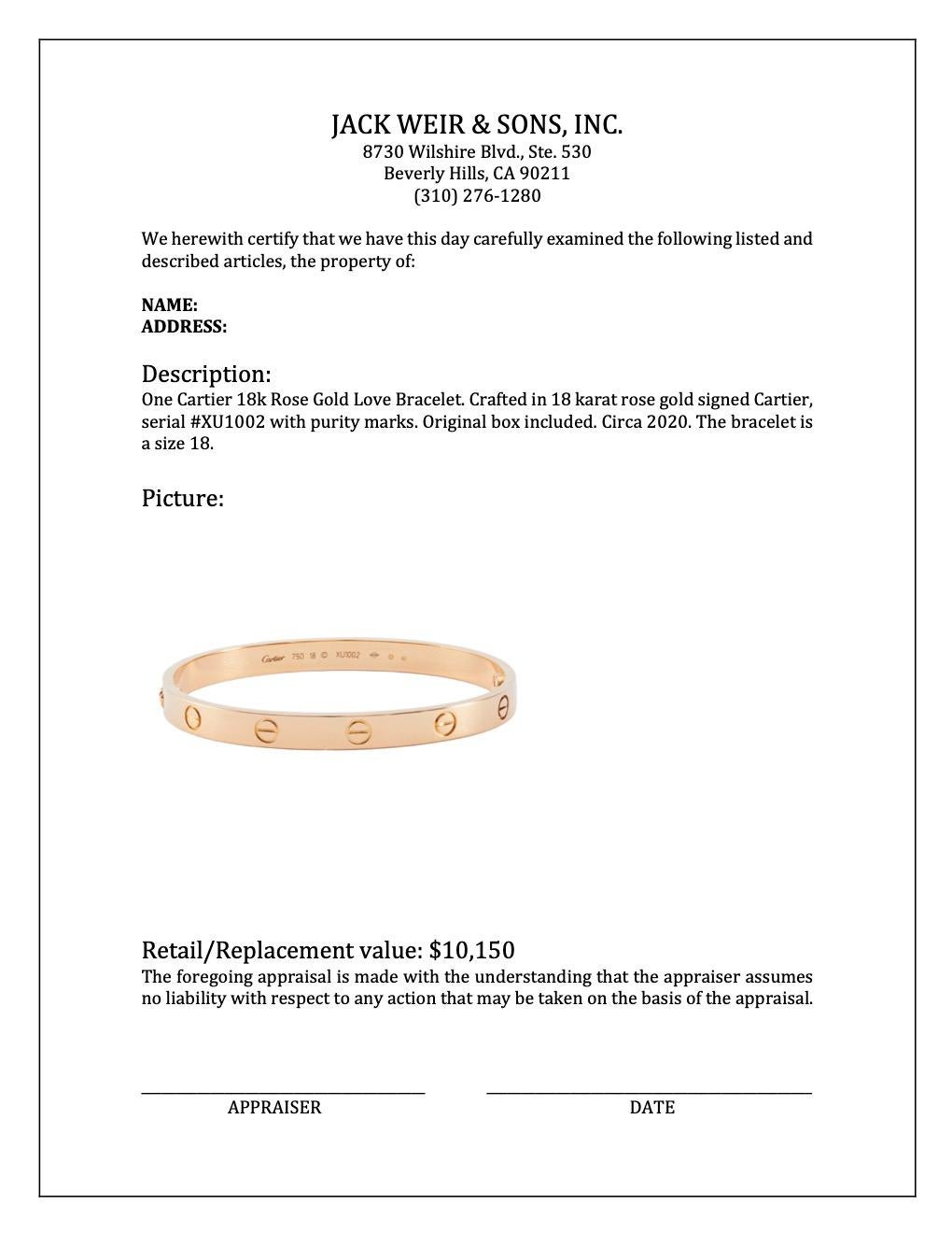 Women's or Men's Cartier 18k Rose Gold Love Bracelet