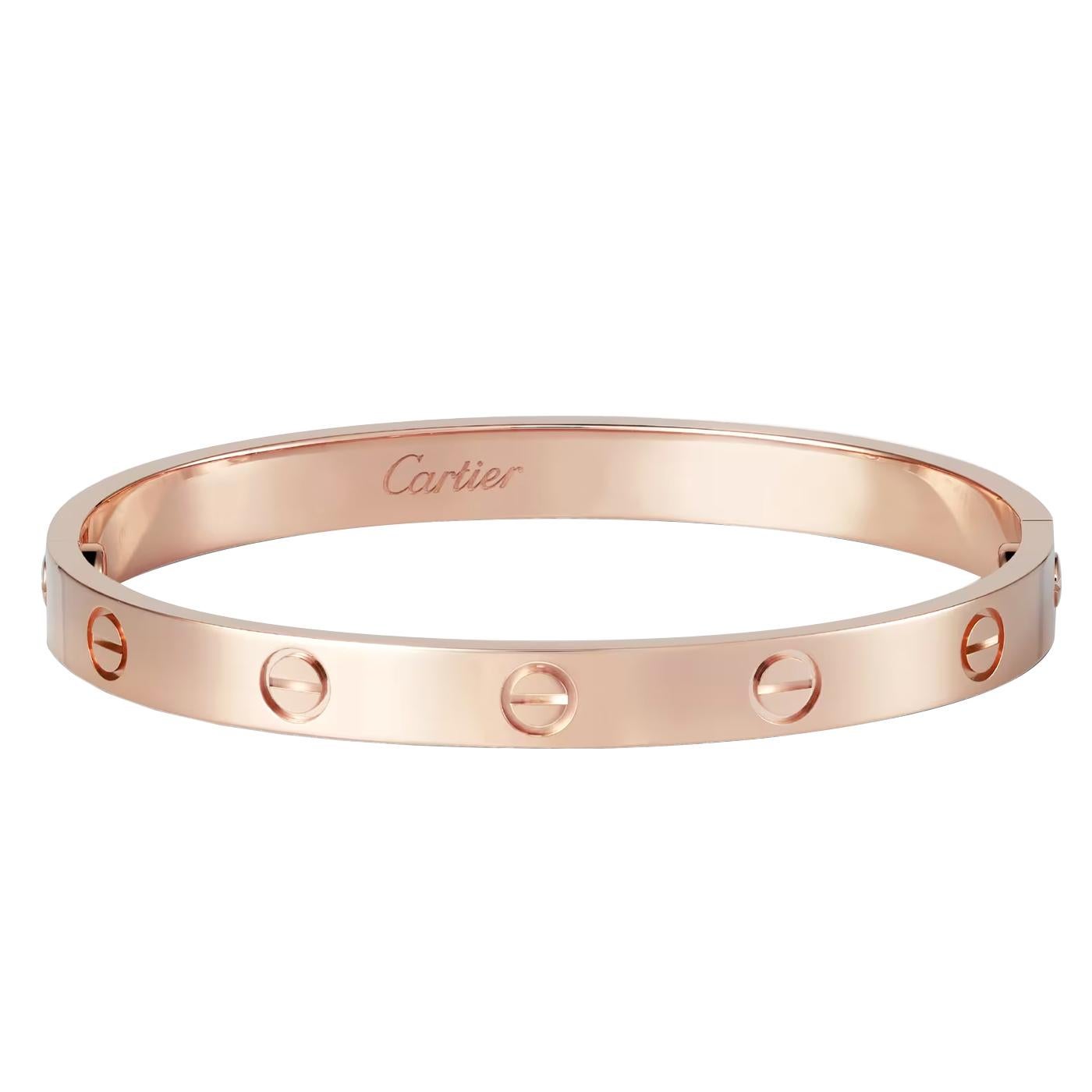 LOVE bracelet, 18K rose gold (750/1000). Comes with a screwdriver. Width: 6.1 mm. Created in New York in 1969, the LOVE bracelet is an icon of jewelry design: a close-fitting, oval bracelet composed of two rigid arcs that is worn on the wrist and