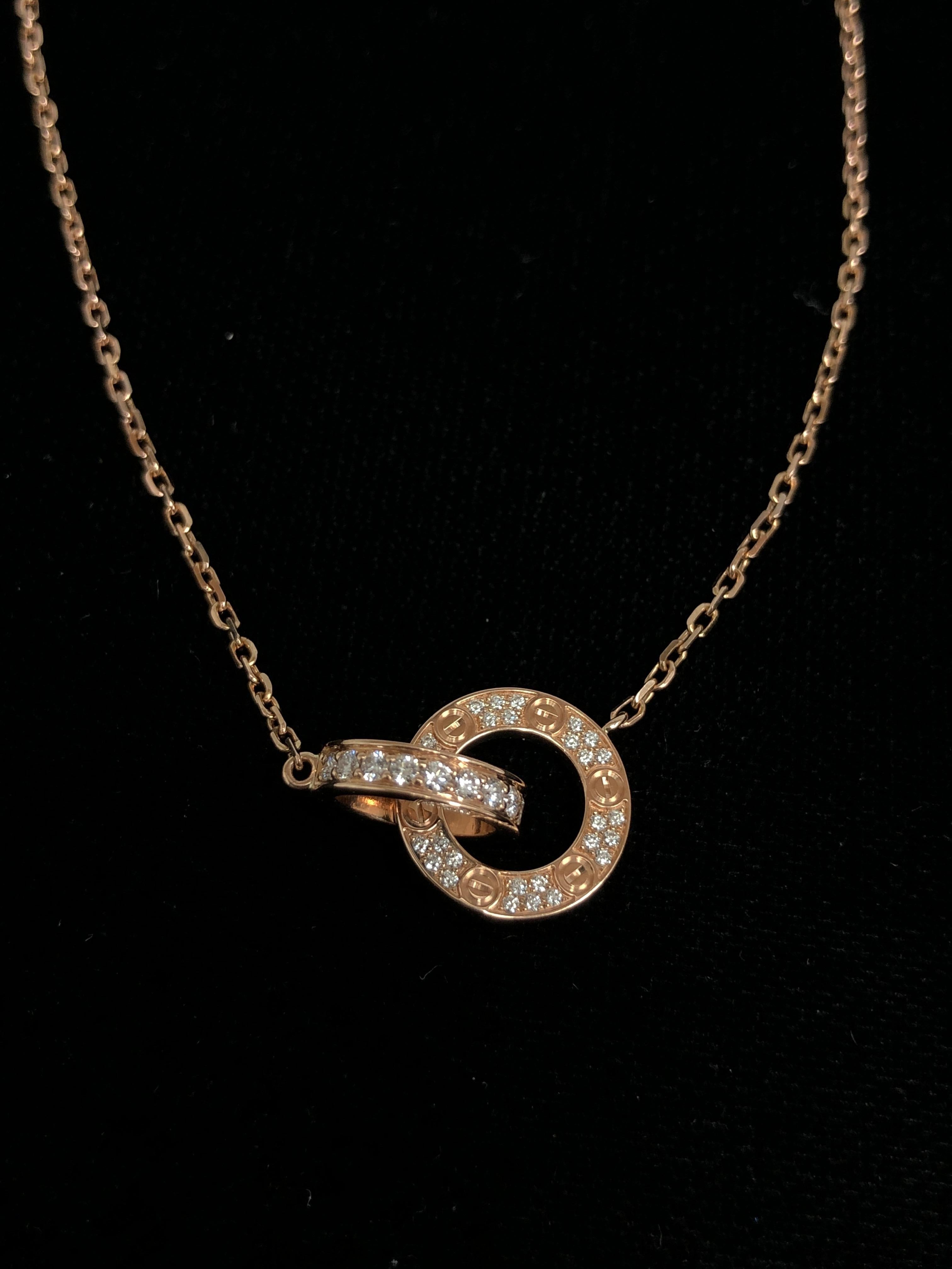 Round Cut Cartier 18K Rose Gold LOVE Necklace with Diamonds