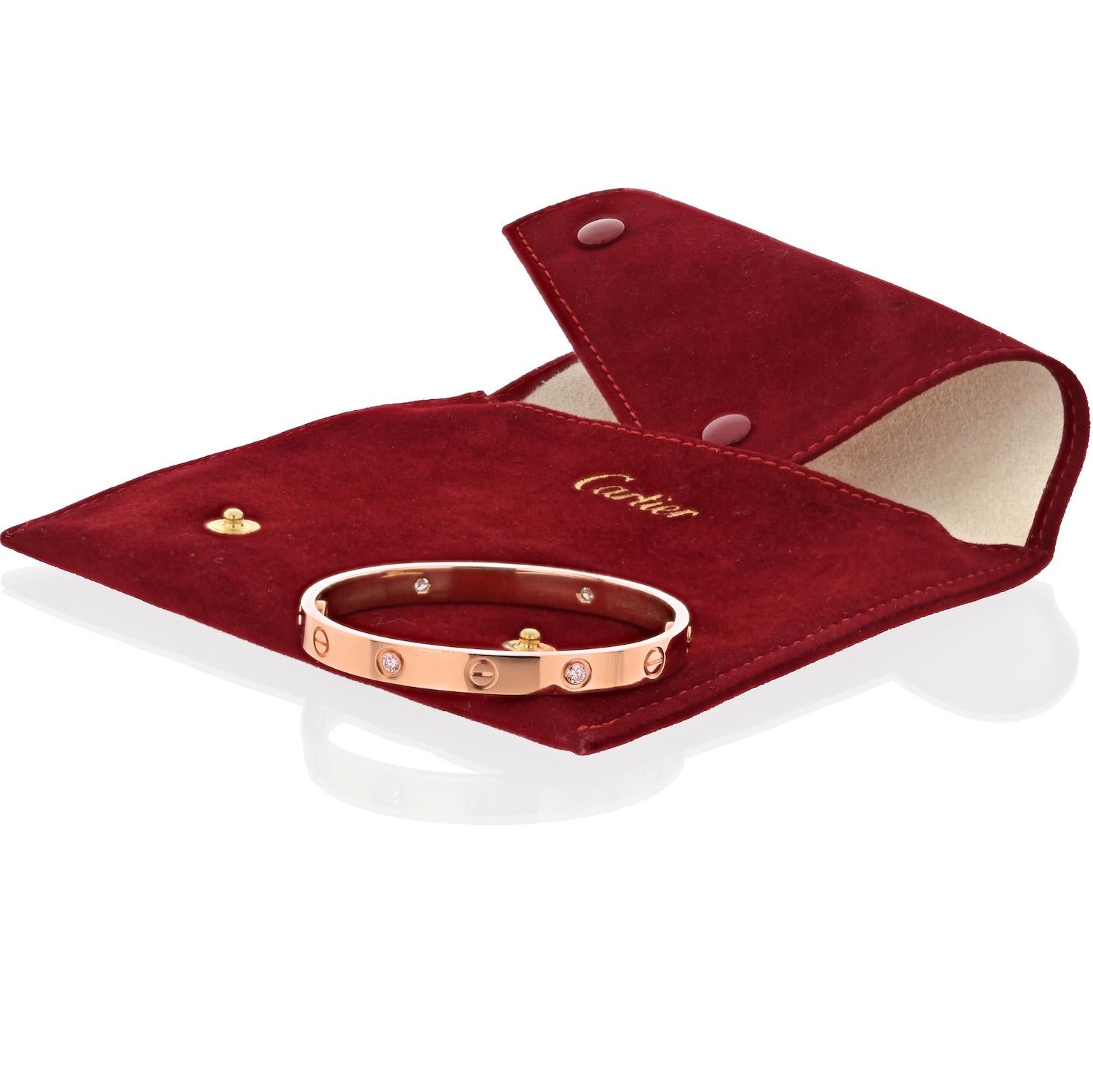 Round Cut Cartier 18k Rose Gold Love with 4 Diamonds Bracelet For Sale