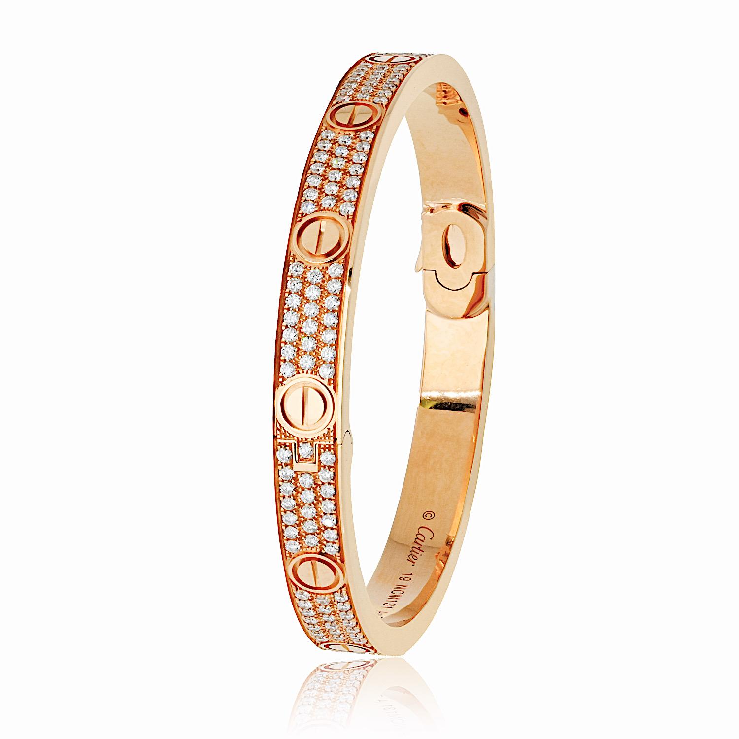 Modern Cartier 18K Rose Gold Pave Love Bangle SZ 19 Bracelet For Sale