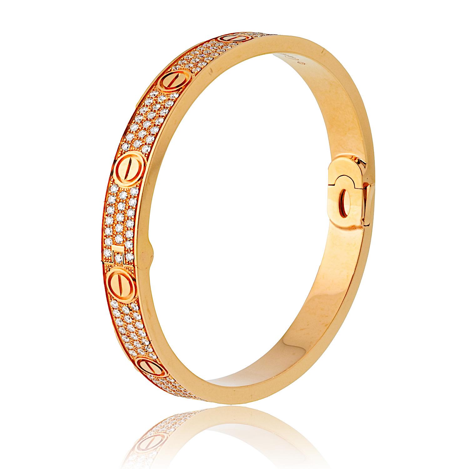 Round Cut Cartier 18K Rose Gold Pave Love Bangle SZ 19 Bracelet For Sale