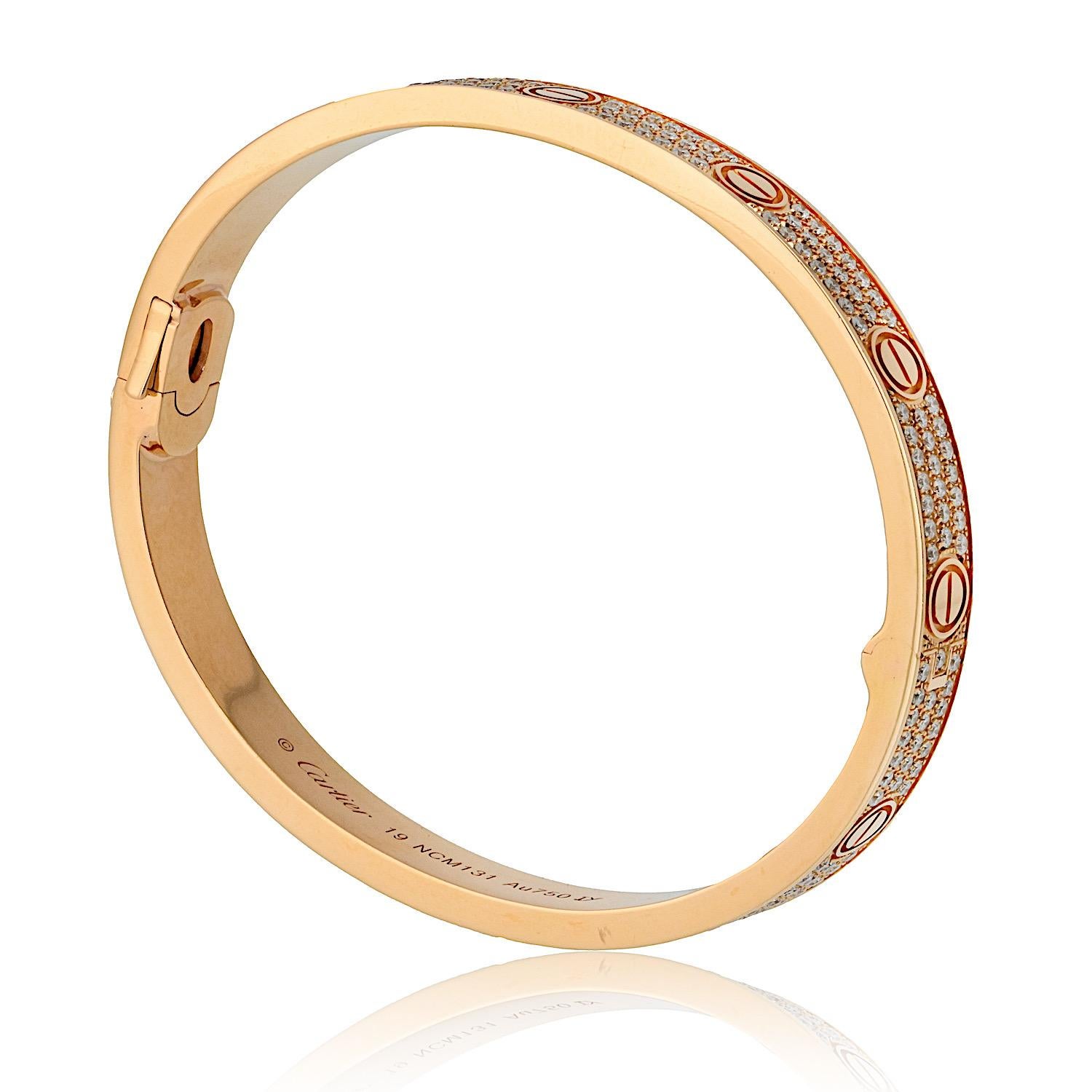 Cartier 18K Rose Gold Pave Love Bangle SZ 19 Bracelet In Excellent Condition For Sale In New York, NY