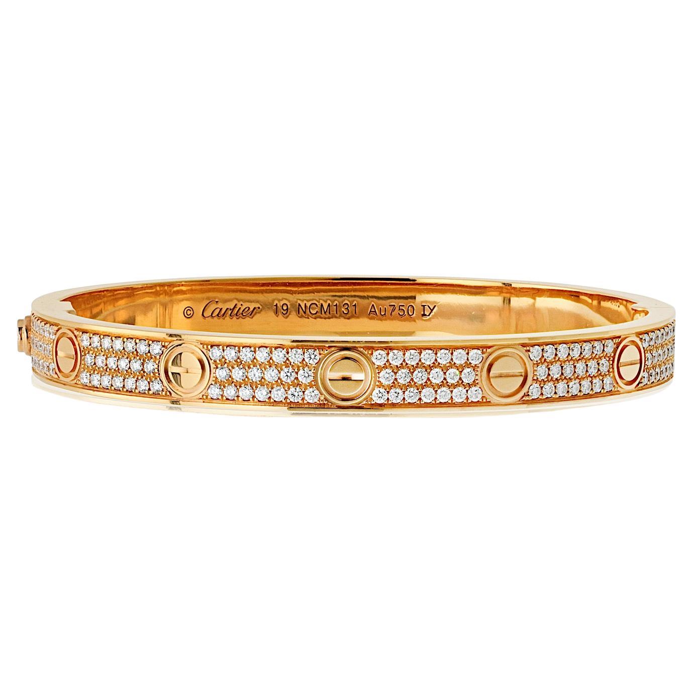 Cartier 18K Rose Gold Pave Love Bangle SZ 19 Bracelet