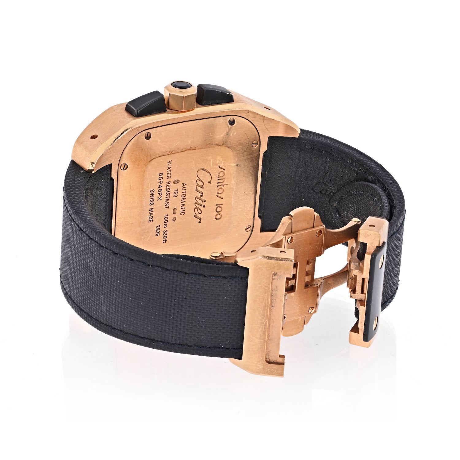 Cartier 18K Rose Gold Santos 100 XL Chronograph Mens Wrist Watch.
Santos 100, reference 2935 Pink gold automatic chronograph wristwatch with date circa 2009.
Dial: black

Calibre: cal. 8630 automatic, 27 jewels

Case: 18k Pink gold, with caseback