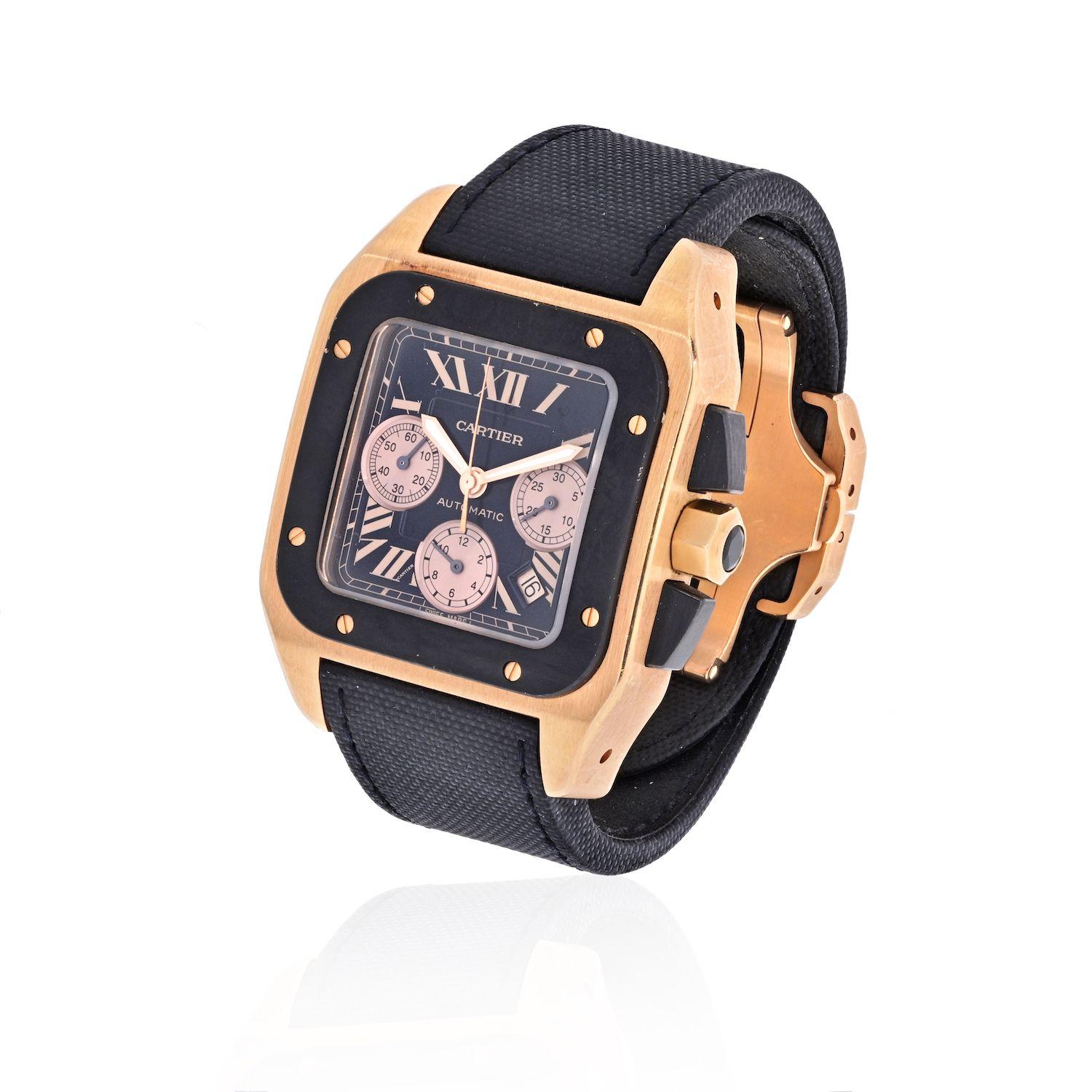 Modern Cartier 18K Rose Gold Santos 100 XL Chronograph Mens Wrist Watch