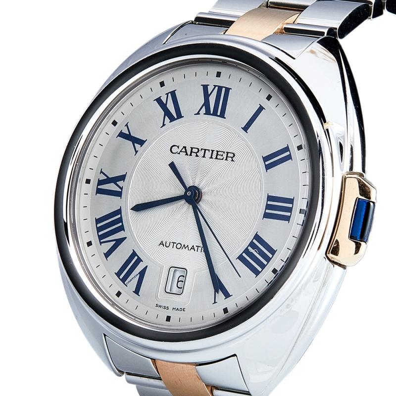 Dazzle the eyes that fall on you when you flaunt this Cle De Cartier timepiece on your wrist. Swiss-made, it has been exquisitely crafted from stainless steel and 18k rose gold. It comes with a gorgeous blue synthetic spinel crown. The silver dial