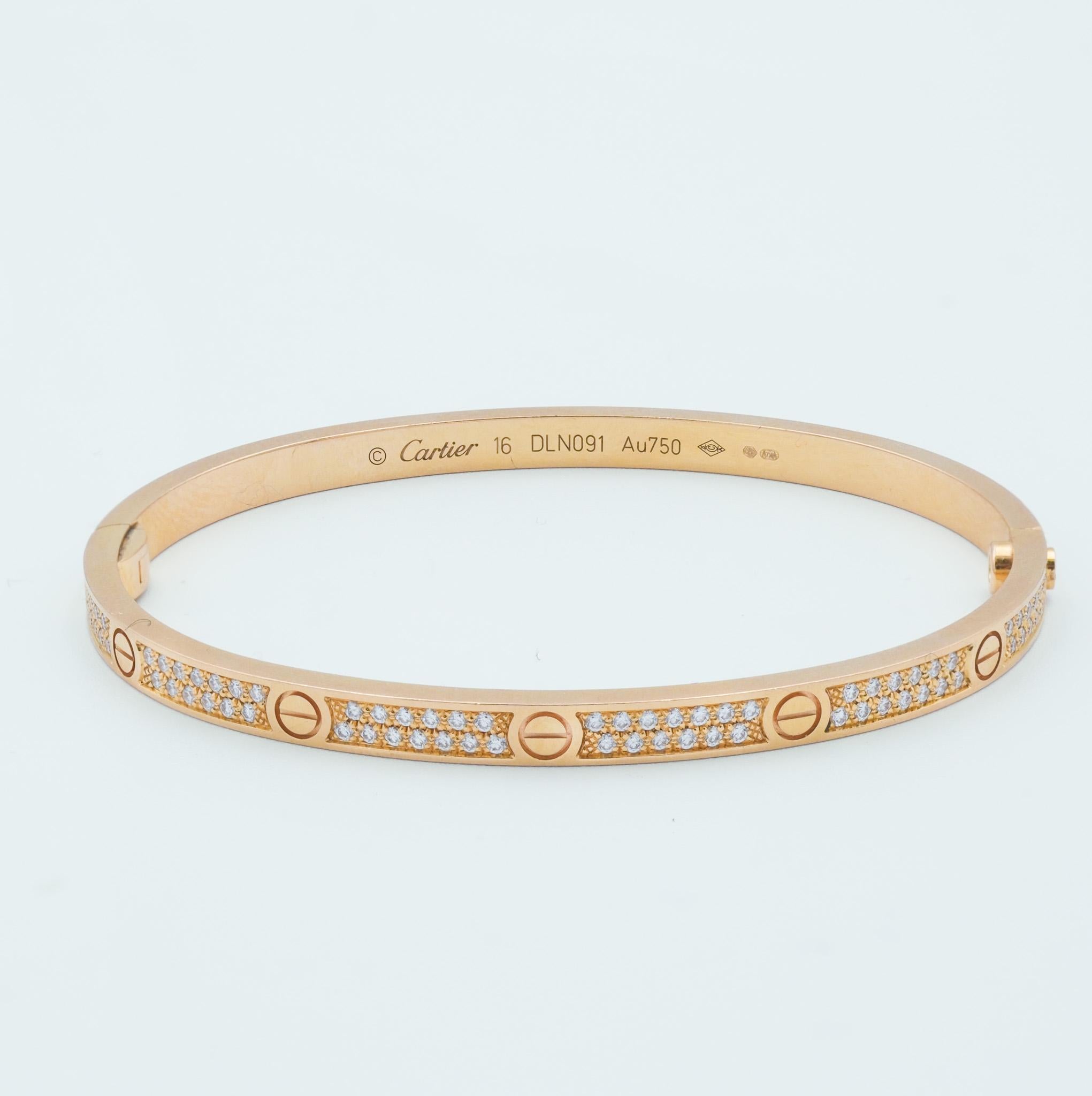 Cartier oro rosa 18k brazalete delgado con diamantes talla 16 Moderno