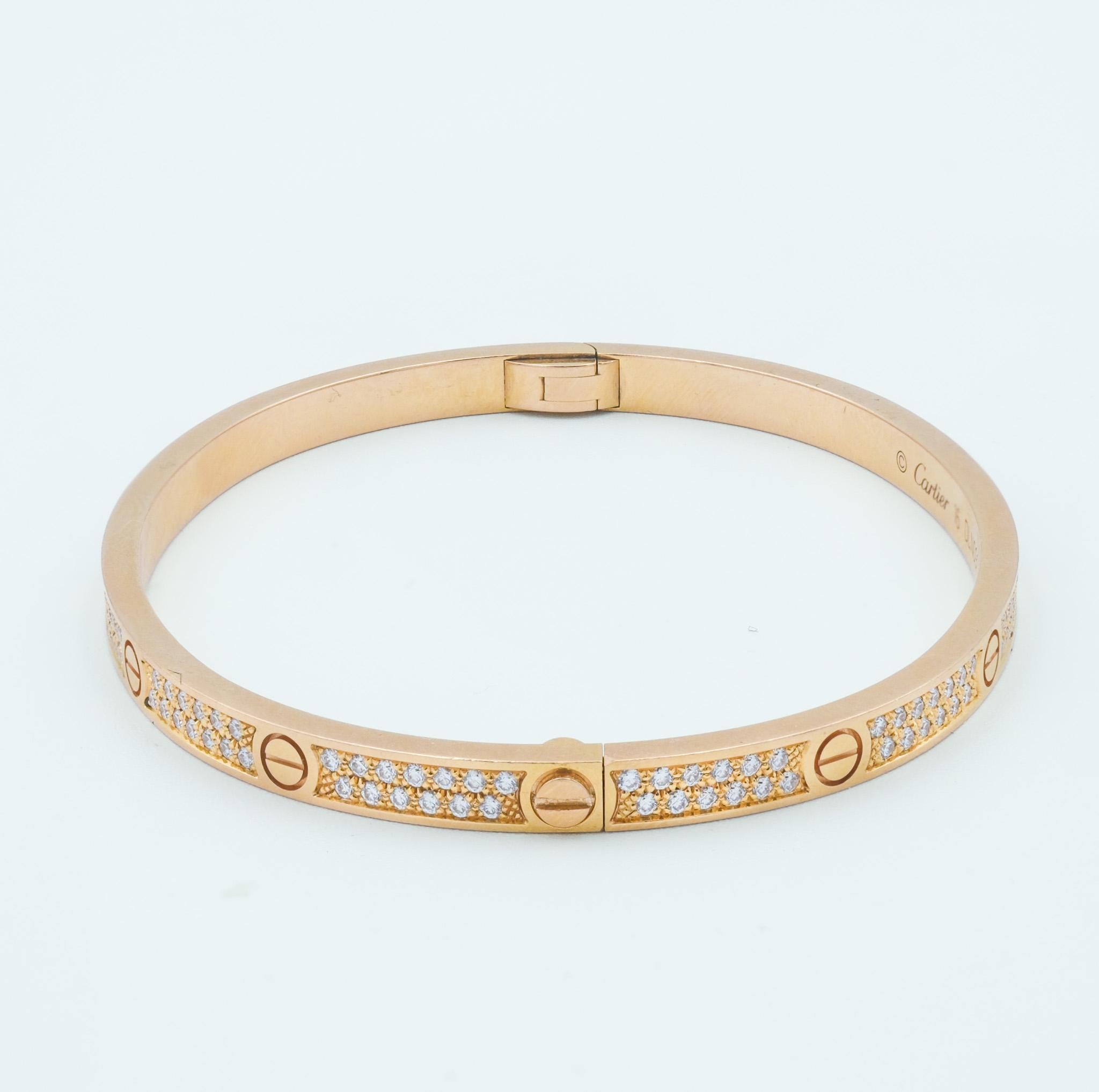 Cartier oro rosa 18k brazalete delgado con diamantes talla 16 Corte redondo