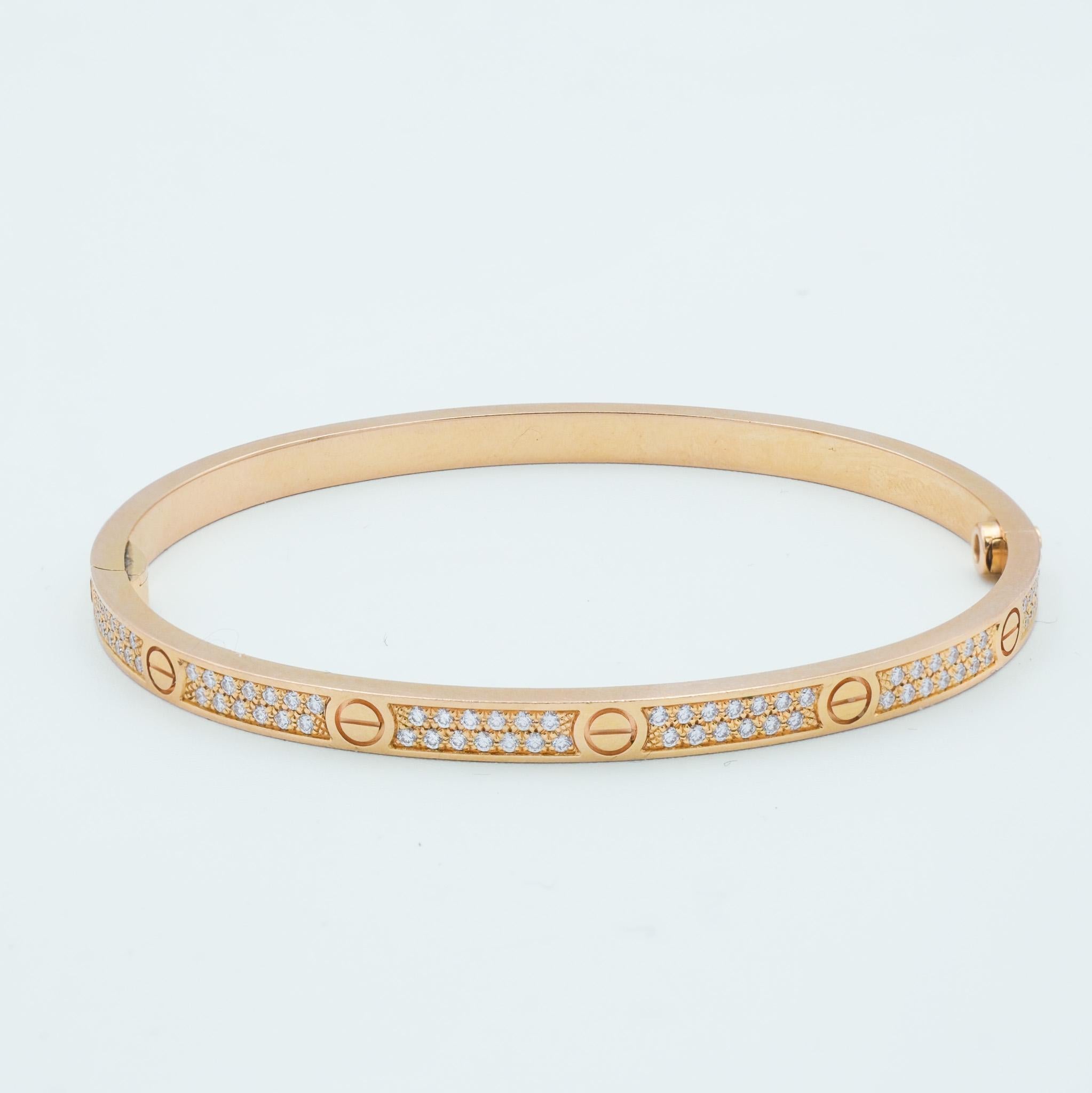 Cartier oro rosa 18k brazalete delgado con diamantes talla 16 en Bueno Estado en Fairfield, CT