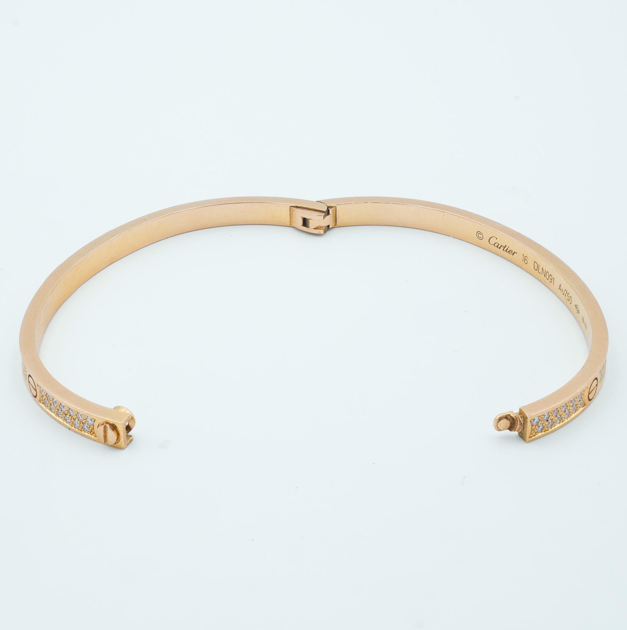 Cartier oro rosa 18k brazalete delgado con diamantes talla 16 1