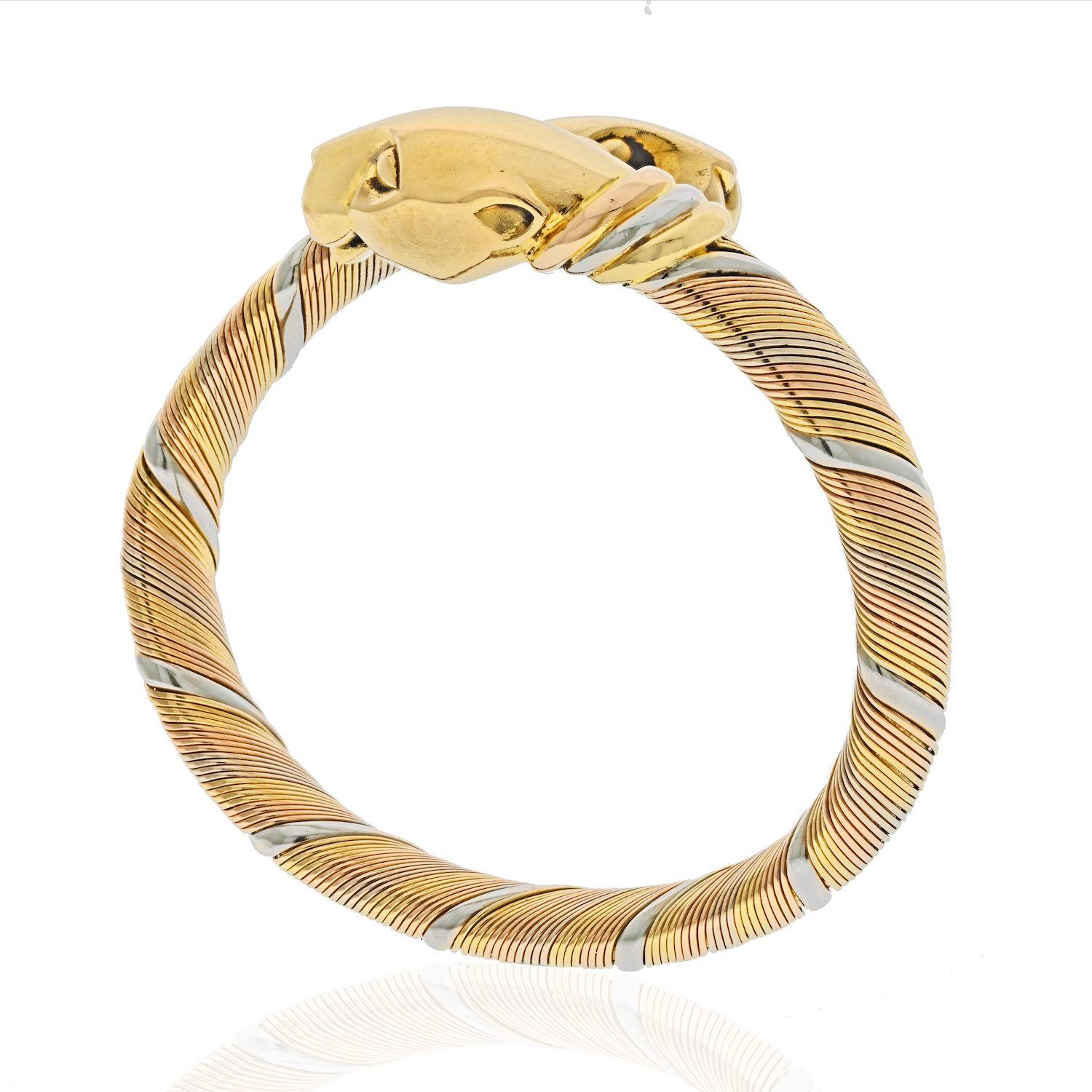 Cartier 18K Tri Color Double Cougar Vintage Panthere Cuff Bracelet In Excellent Condition In New York, NY