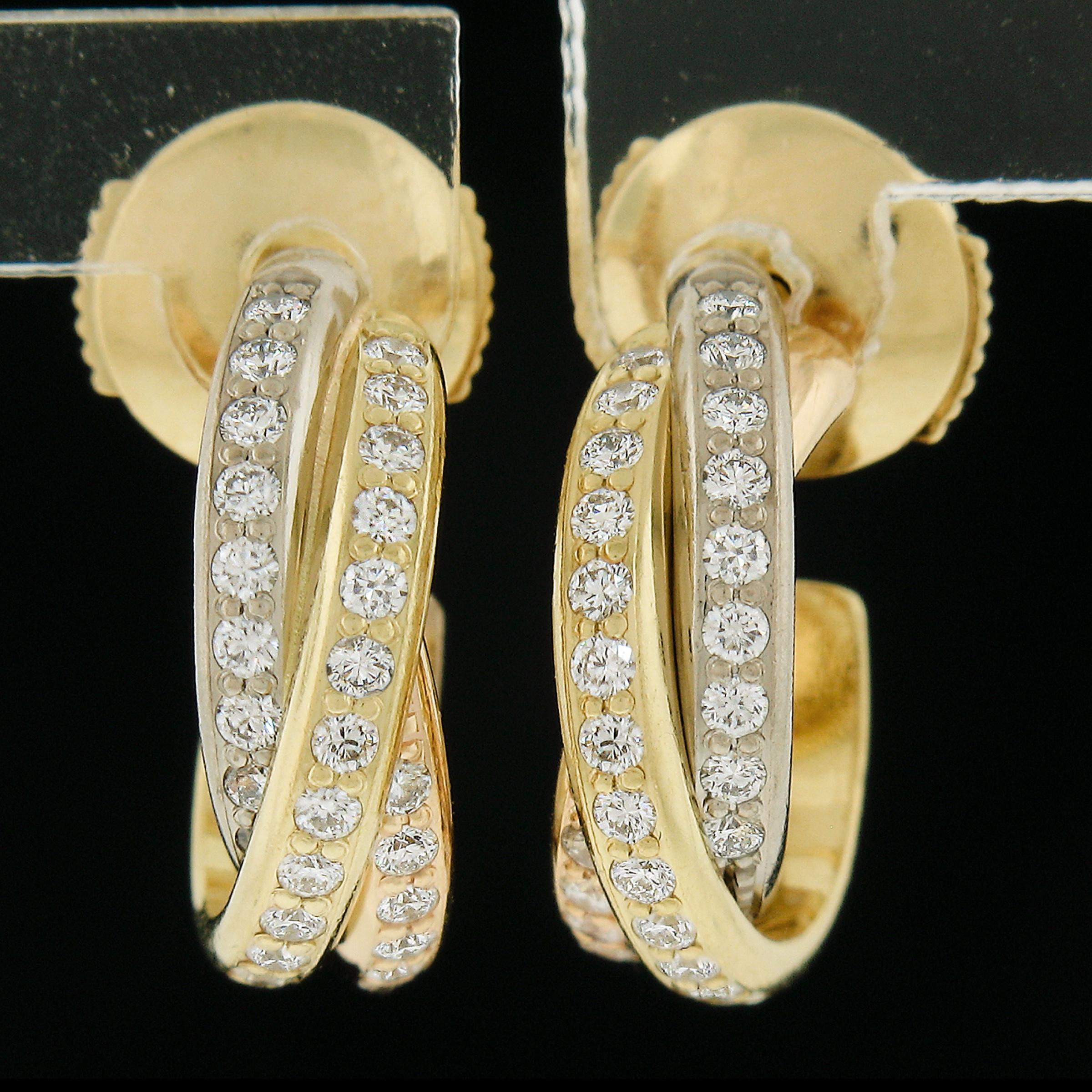 Cartier 18K Tri Color Gold 0,37 Karat runder Diamant Trinity Creolen mit Beutel (Rundschliff) im Angebot