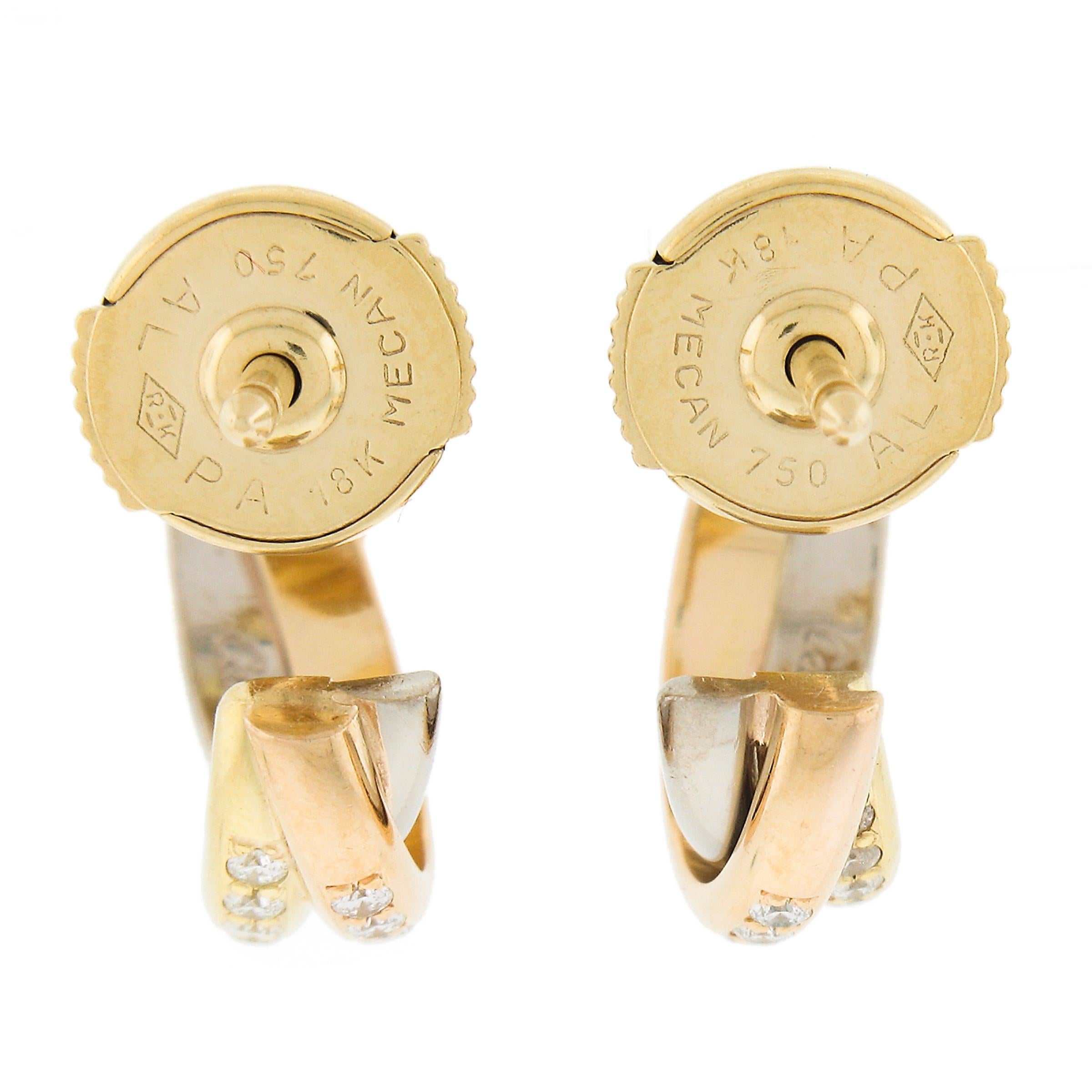Cartier 18K Tri Color Gold 0,37 Karat runder Diamant Trinity Creolen mit Beutel im Zustand „Hervorragend“ im Angebot in Montclair, NJ