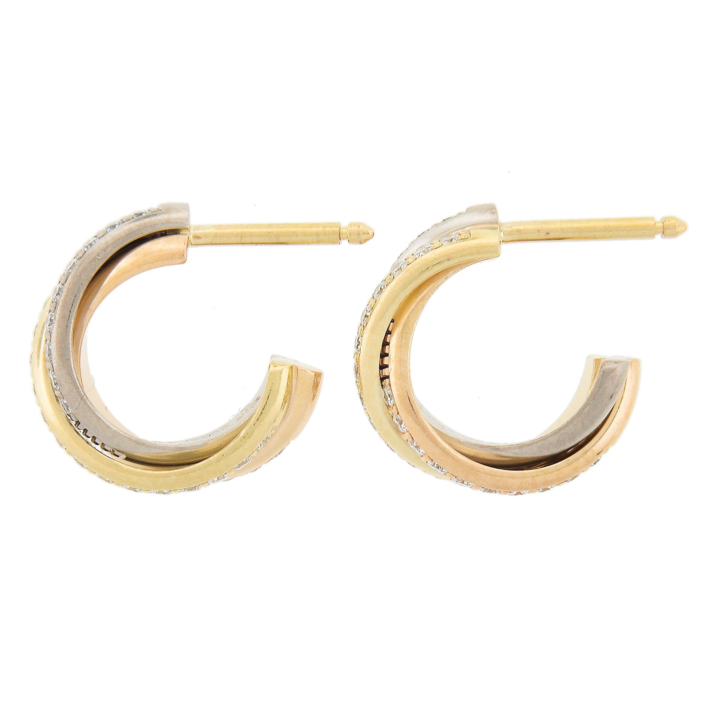 Cartier 18K Tri Color Gold 0,37 Karat runder Diamant Trinity Creolen mit Beutel Damen im Angebot