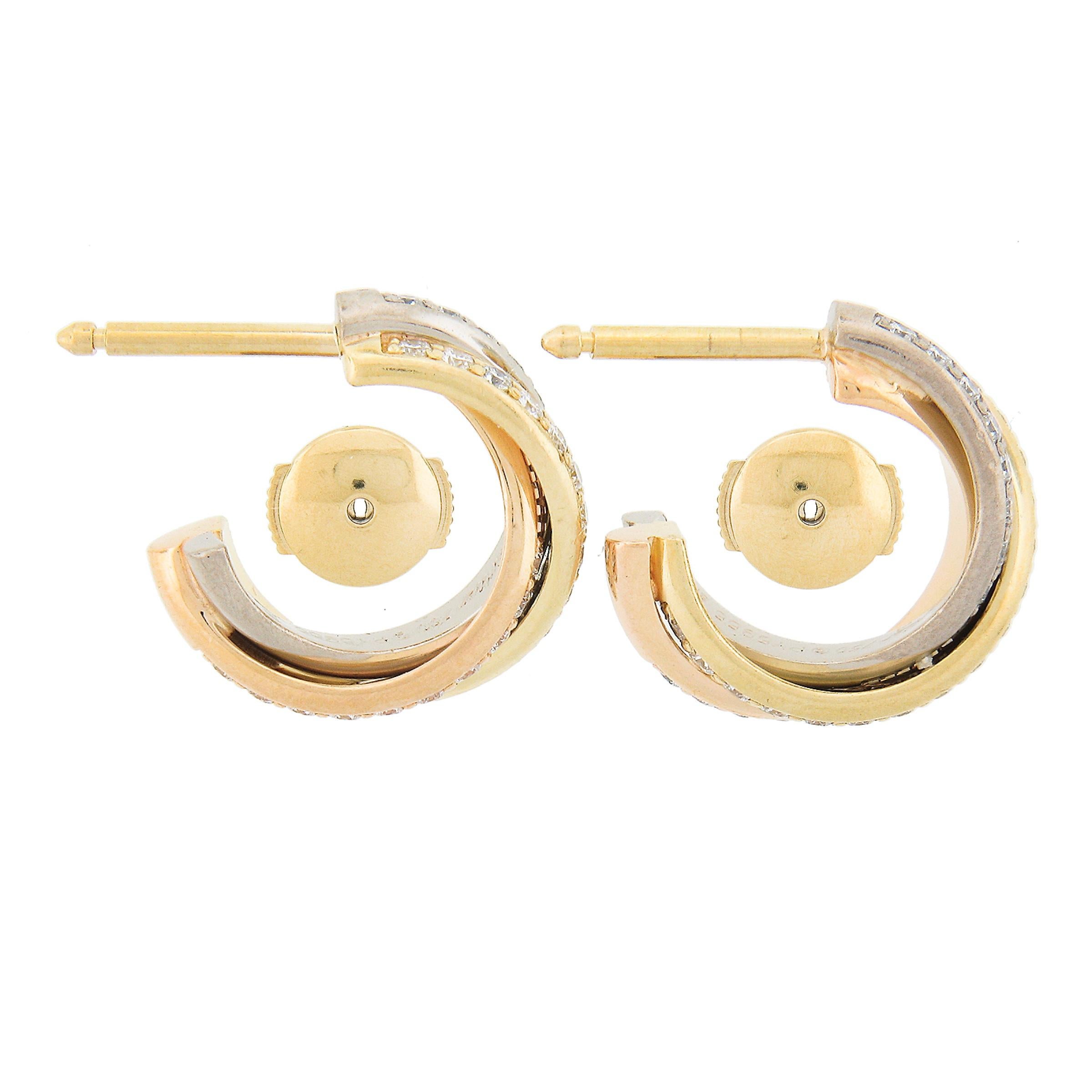 Cartier 18K Tri Color Gold 0,37 Karat runder Diamant Trinity Creolen mit Beutel im Angebot 1