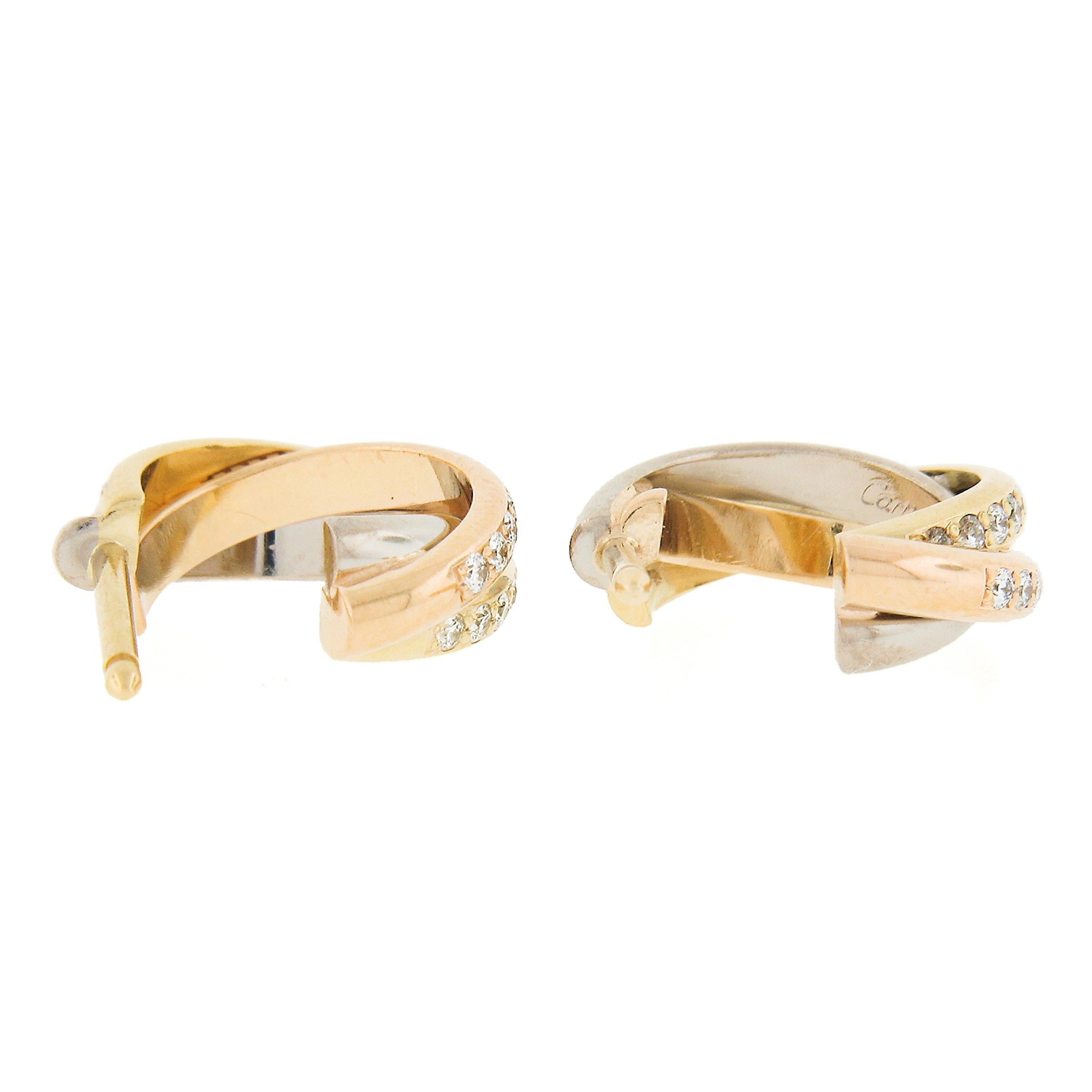 Cartier 18K Tri Color Gold 0,37 Karat runder Diamant Trinity Creolen mit Beutel im Angebot 2