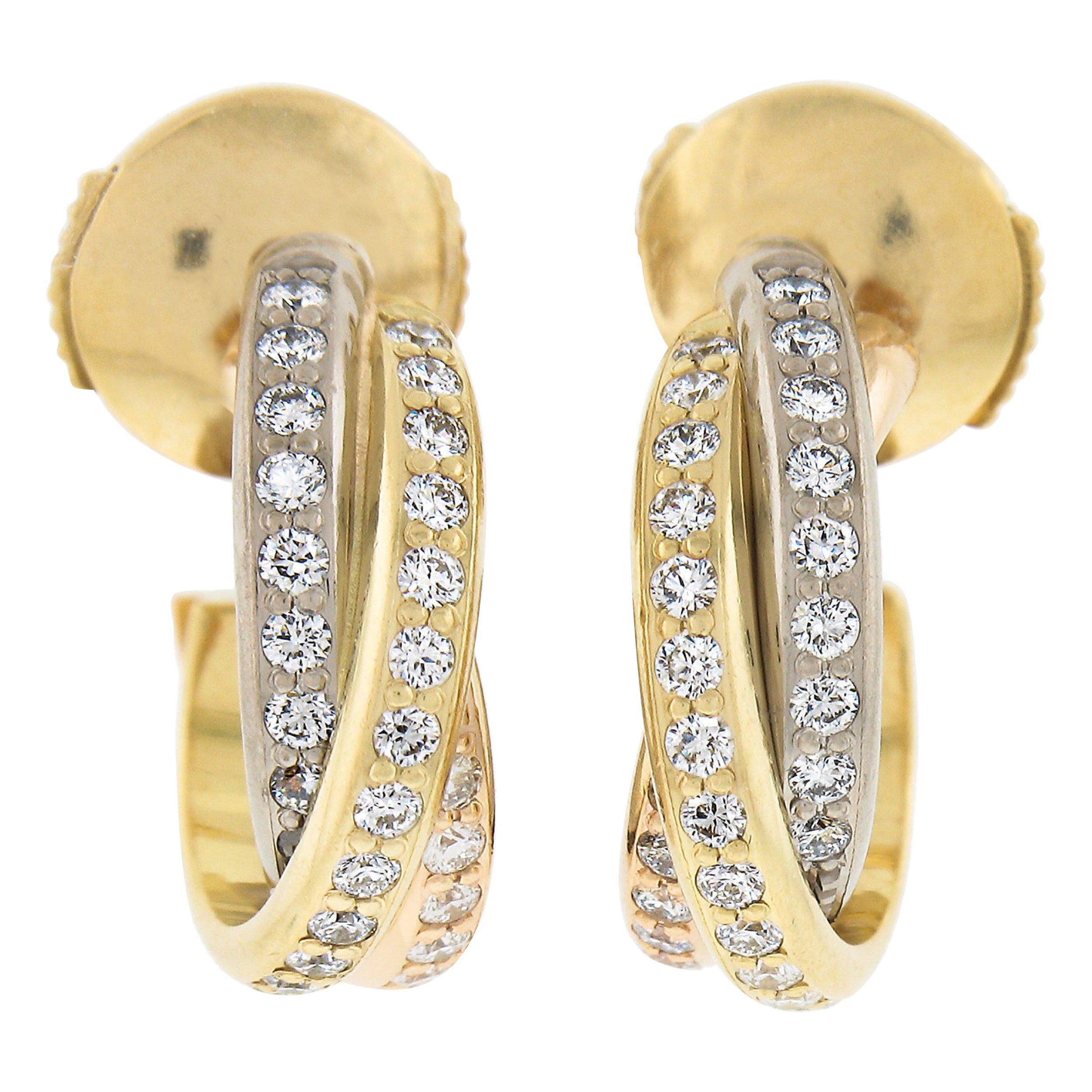 Cartier 18K Tri Color Gold 0,37 Karat runder Diamant Trinity Creolen mit Beutel