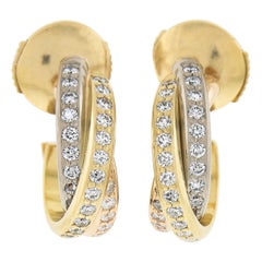 Cartier 18K Tri Color Gold 0.37ctw Round Diamond Trinity Hoop Earrings w/ Pouch