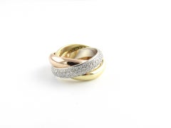 Cartier 18 Karat Tri Color Gold Pave Diamond Trinity Rolling 3 Band Ring