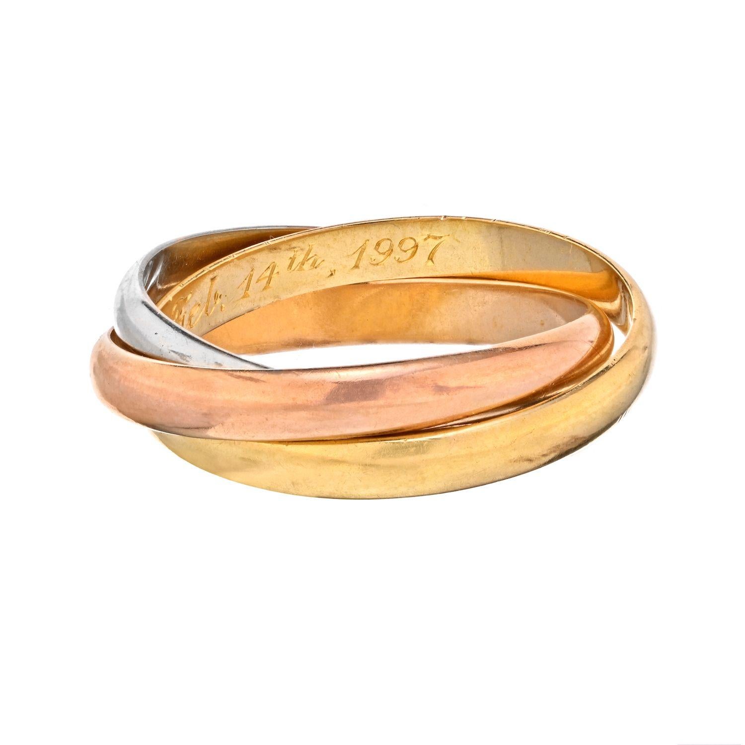 Modern Cartier 18K Tri Color Trinity Classic Roller Wedding Ring