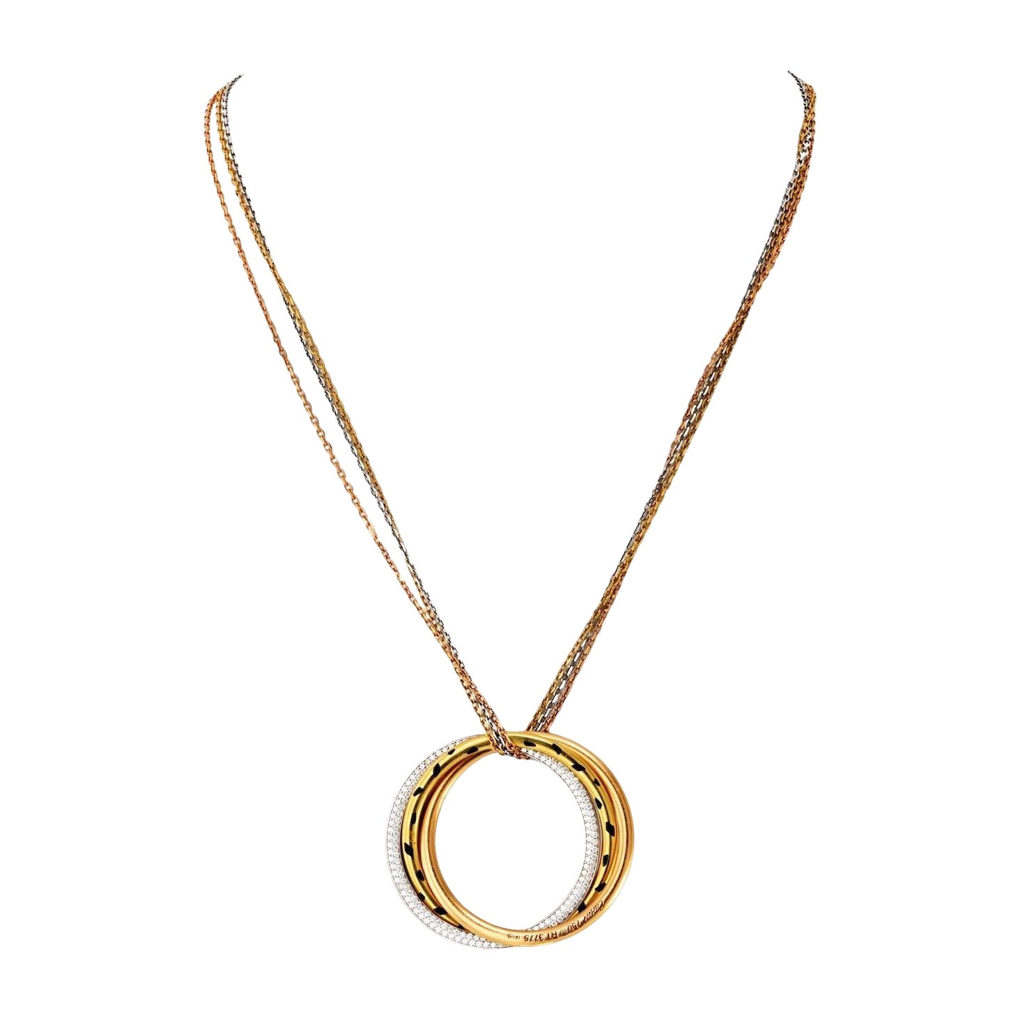 Cartier 18K Tri Color Trinity Diamond Spotted Panthere Circle Necklace For Sale