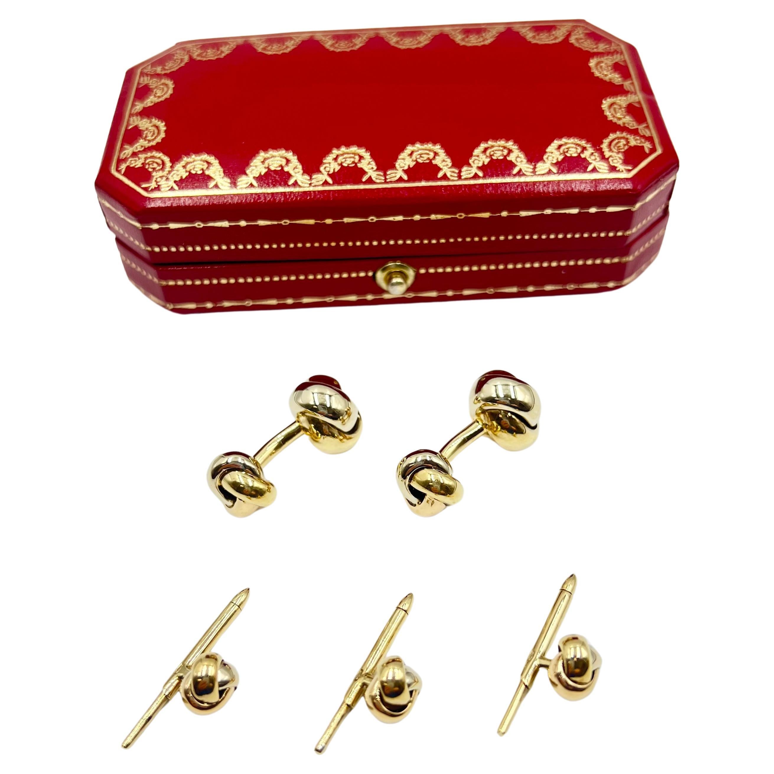 Cartier 18k Tricolored Gold Knot Manschettenknöpfe Hemdstecker Set 2