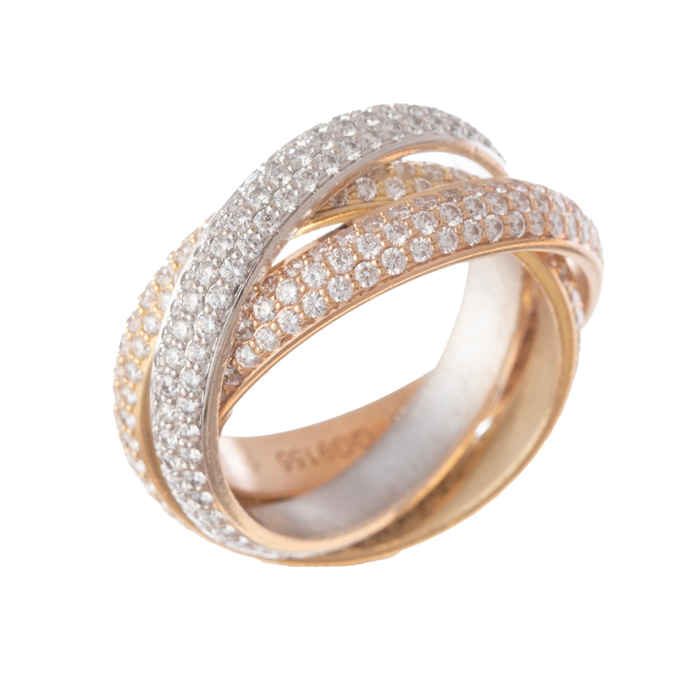 Cartier medium Trinity ring, featuring interlocking bands in 18k white, rose, and yellow gold, the bands pave-set with 468 round brilliant-cut diamonds weighing approximately 2.00 total carats.  European size - 54 (US - size 7).  Signed 'Cartier'