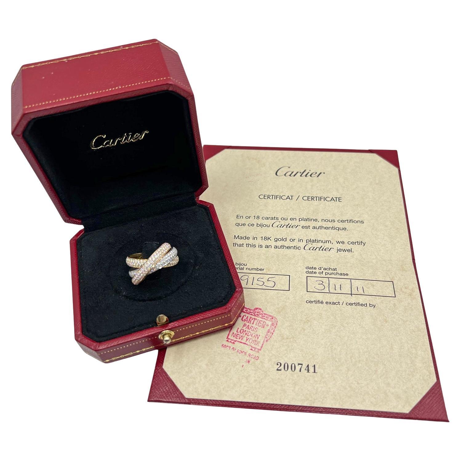 Cartier 18k Tricolored Gold Diamond Medium Trinity Ring In Excellent Condition In Palm Beach, FL