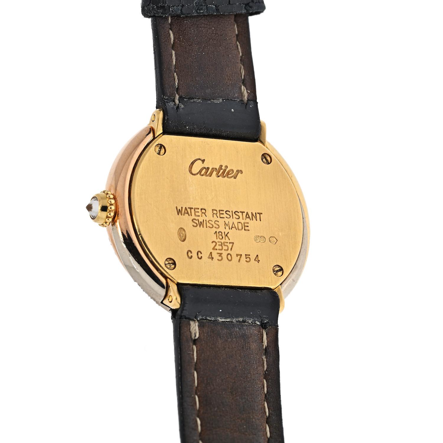 Absolutely chic and oh so feminine this Cartier diamond dial Trinity watch is all a young lady needs. Start your watch collection with this beautiful wrist watch, by Cartier. Mounted in 18k tri color gold, diamonds and white dial of 26mm, on a black