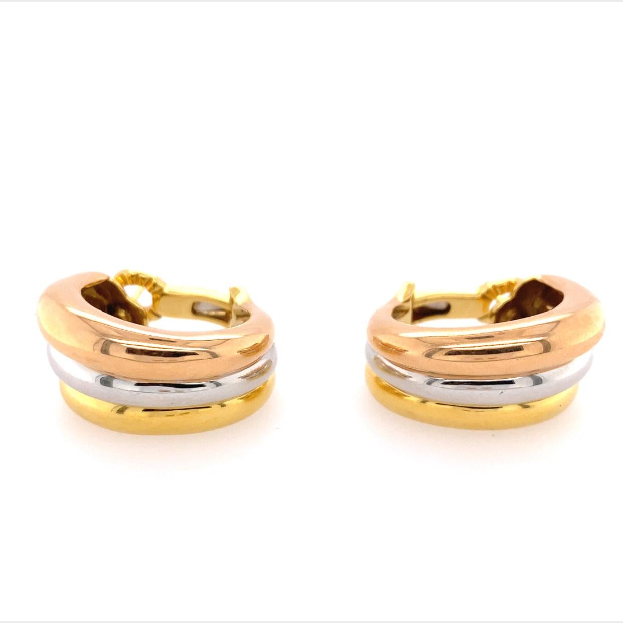 Cartier 18k Trinity Hoop Earrings 
With Tri-color Yellow Gold, Rose Gold and white Gold. 
Nice Large Size and beautifully made. 
Length 14mm at its widest point.
