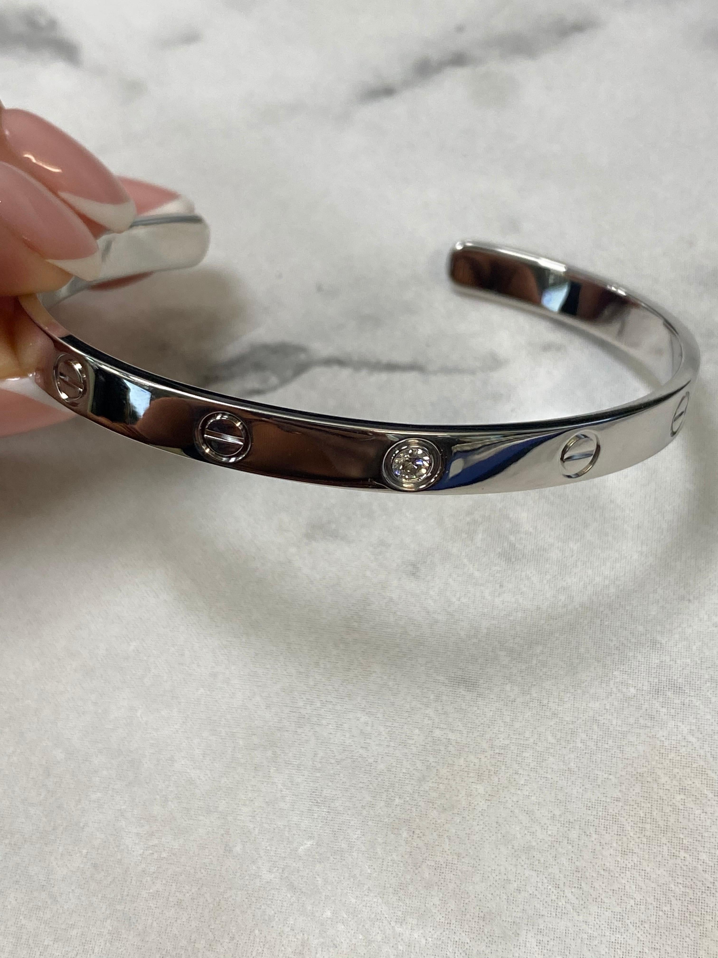 Modern Cartier 18 Karat White Gold 1 Diamond Love Open Cuff Bracelet