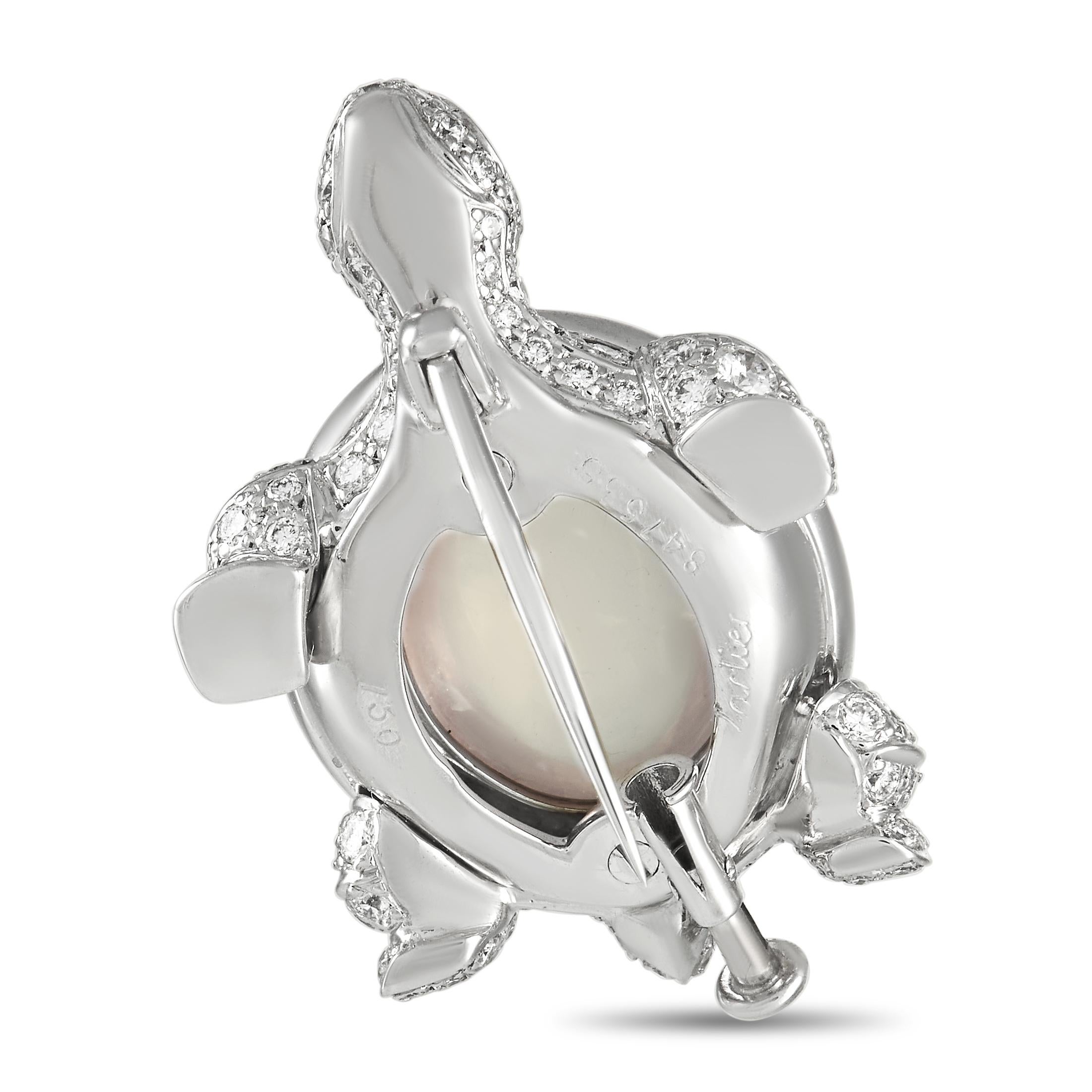This extremely rare brooch from Cartier is equal parts sweet and sophisticated. The charming turtle motif is elevated by diamonds totaling 1.25 carats with E color and VVS clarity. A rose quartz stone at the center adds a subtle pop of color to this