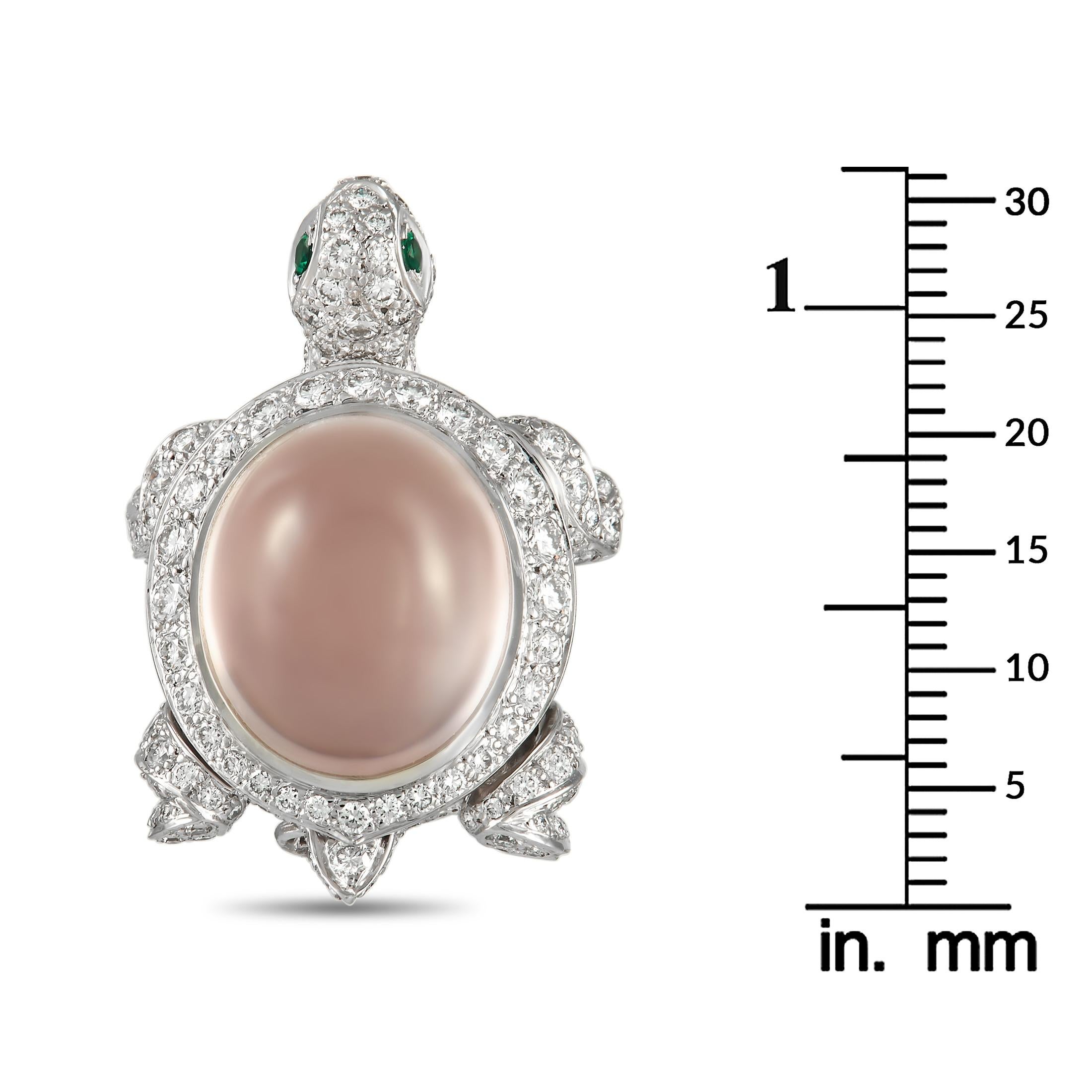 Round Cut Cartier 18K White Gold 1.25 Ct Diamond and Pink Quartz Turtle Brooch