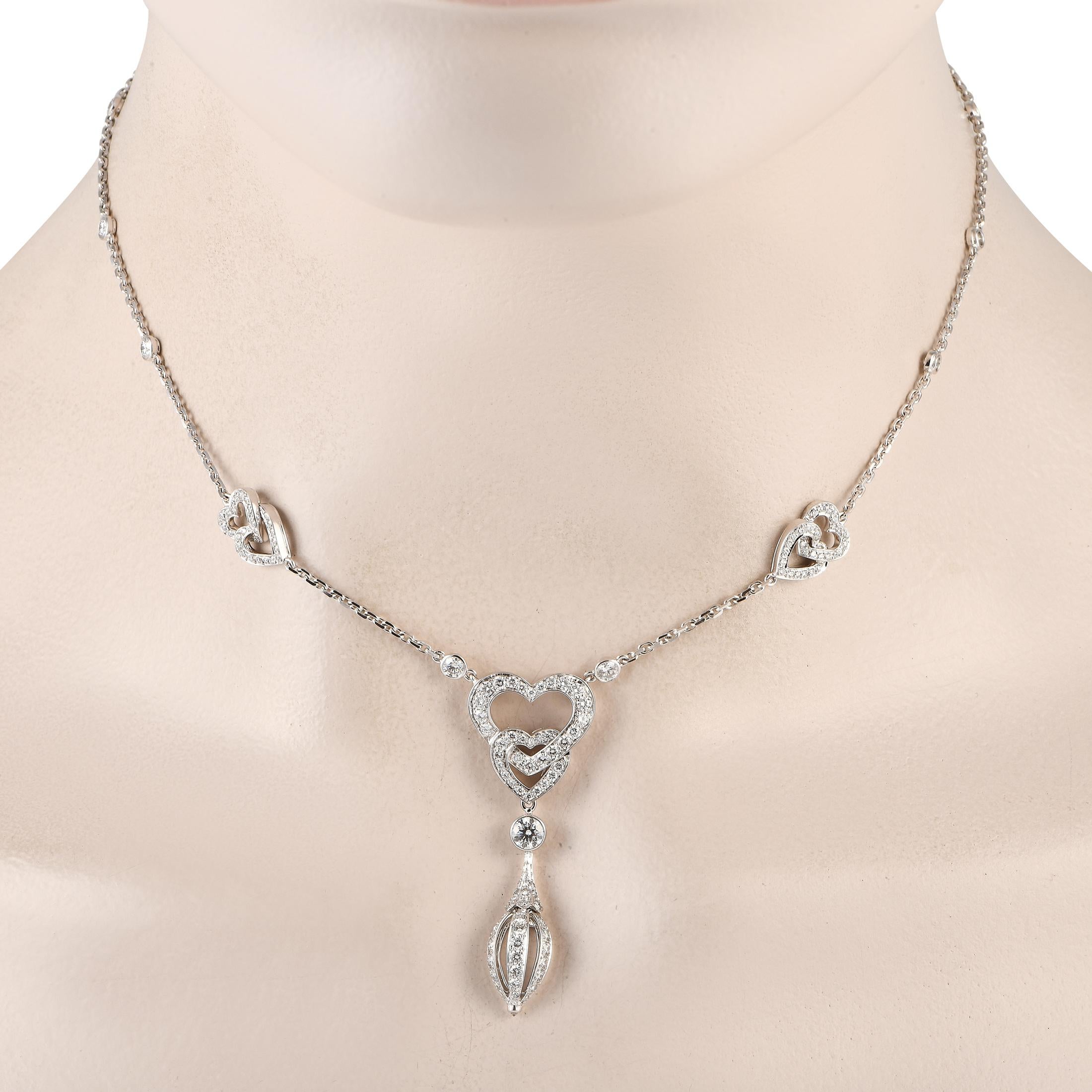Add charm and sophistication to any ensemble with this stunning Cartier 18K White Gold necklace. The Y-shaped design comes to life thanks to elegant heart motifs, while sparkling diamonds with a total weight of 1.85 carats allow it to effortlessly