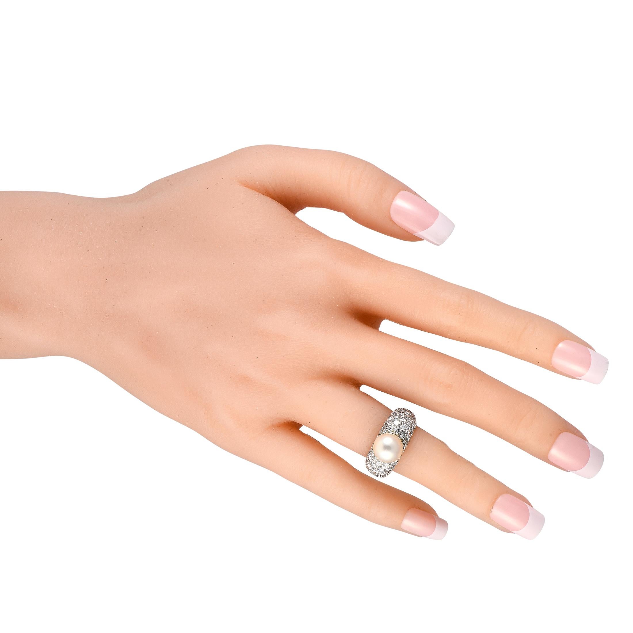 Round Cut Cartier Juliette 18K White Gold 3.0ct Diamond and Cultured Pearl Ring For Sale